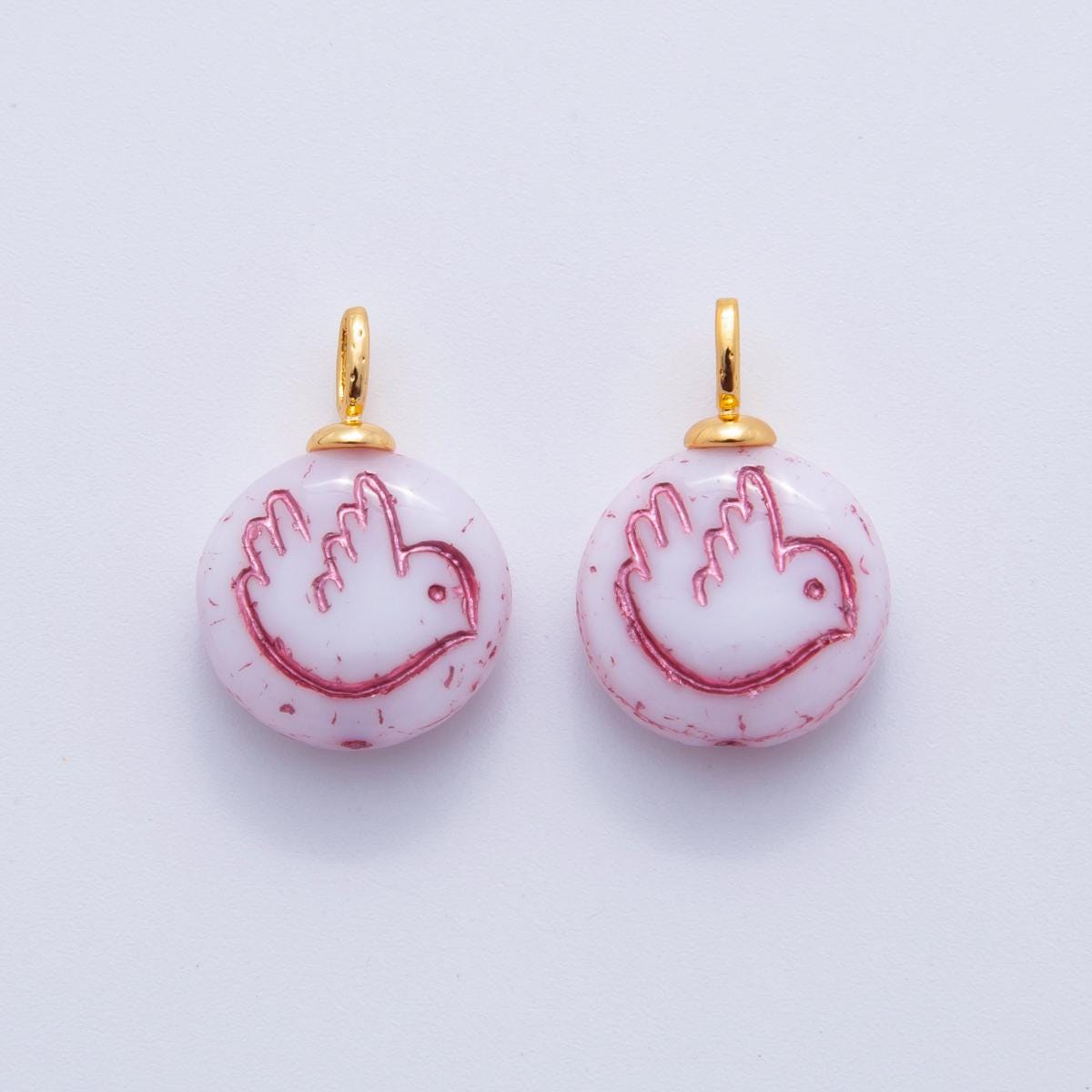 Hand-Painted Dove Resin Charms – Gold Accented Bird Round Drop Charm Vintage Bohemian Style
