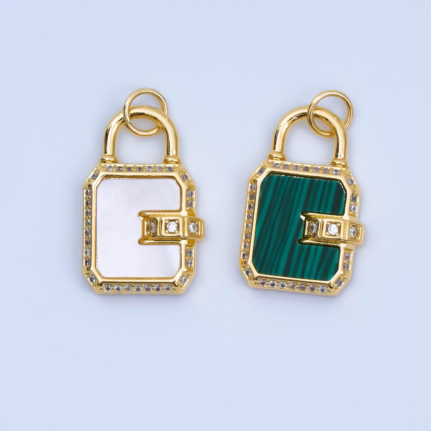 Mini combination padlock charm for back school gym locker gold fill over brass clear cz lock pendant jewelry Malachite Pearl Lock AJ-414