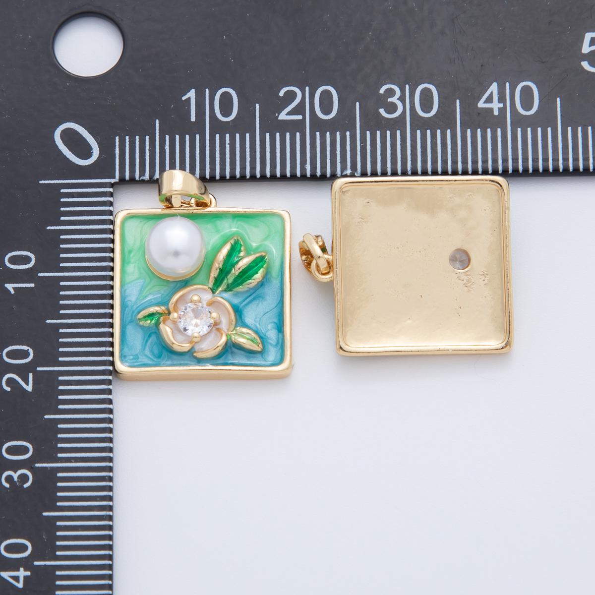 18K Gold Filled Shell Pearl White Flower Enamel Square Pendant | AH766