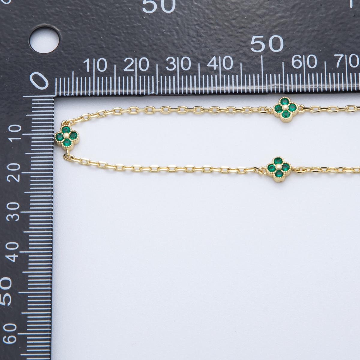 24K Gold fill Dainty Green CZ Four Leaf Lucky Clover Chain by Yard Wholesale Gold Chain Clover Cable Chain for Jewelry Making | ROLL1623