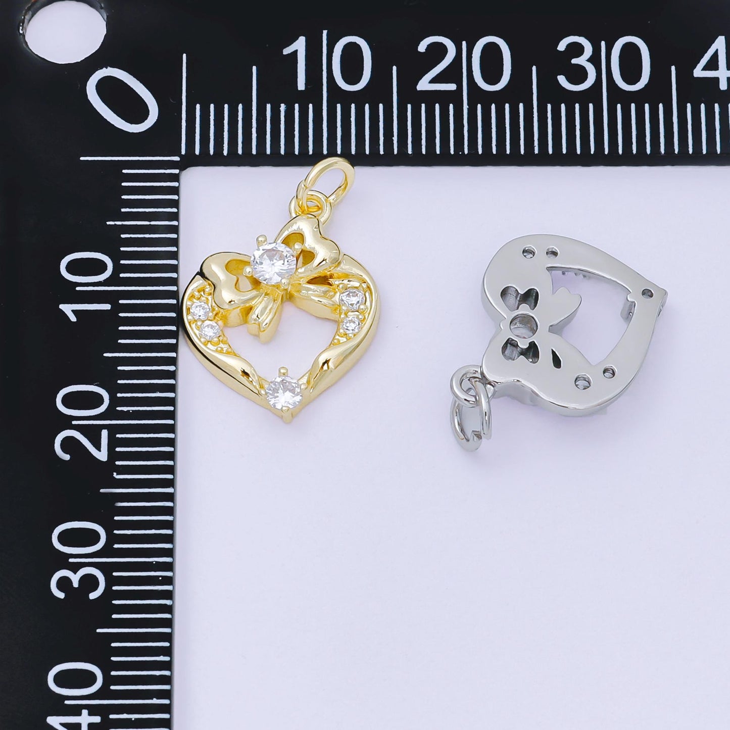 Gold Heart Charm Micro Pave Bow Charm Silver Cubic Charms, CZ Gold Cute Charm, Dainty Minimalist Jewelry Supply AJ-472