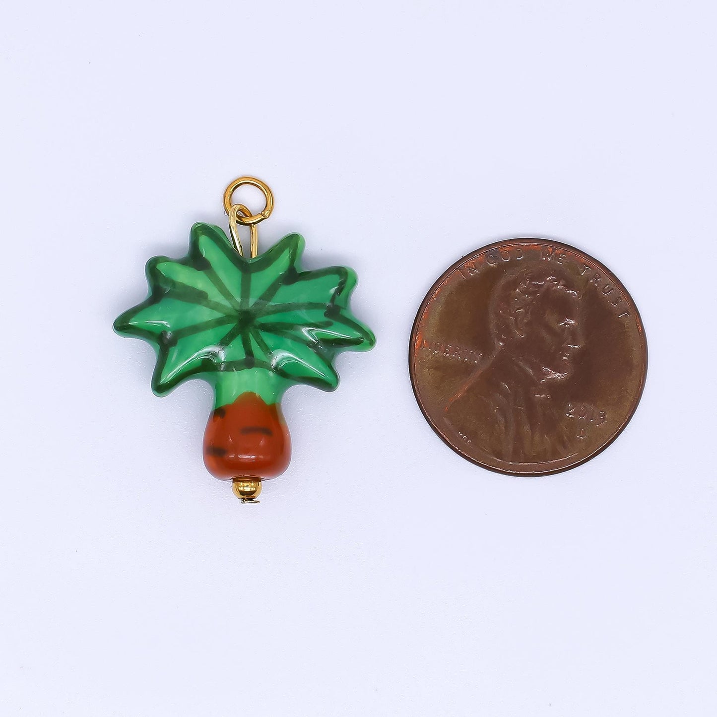 PVD Gold Filled Palm Tree Charm Green Ceramic Drop Pendant | P-630