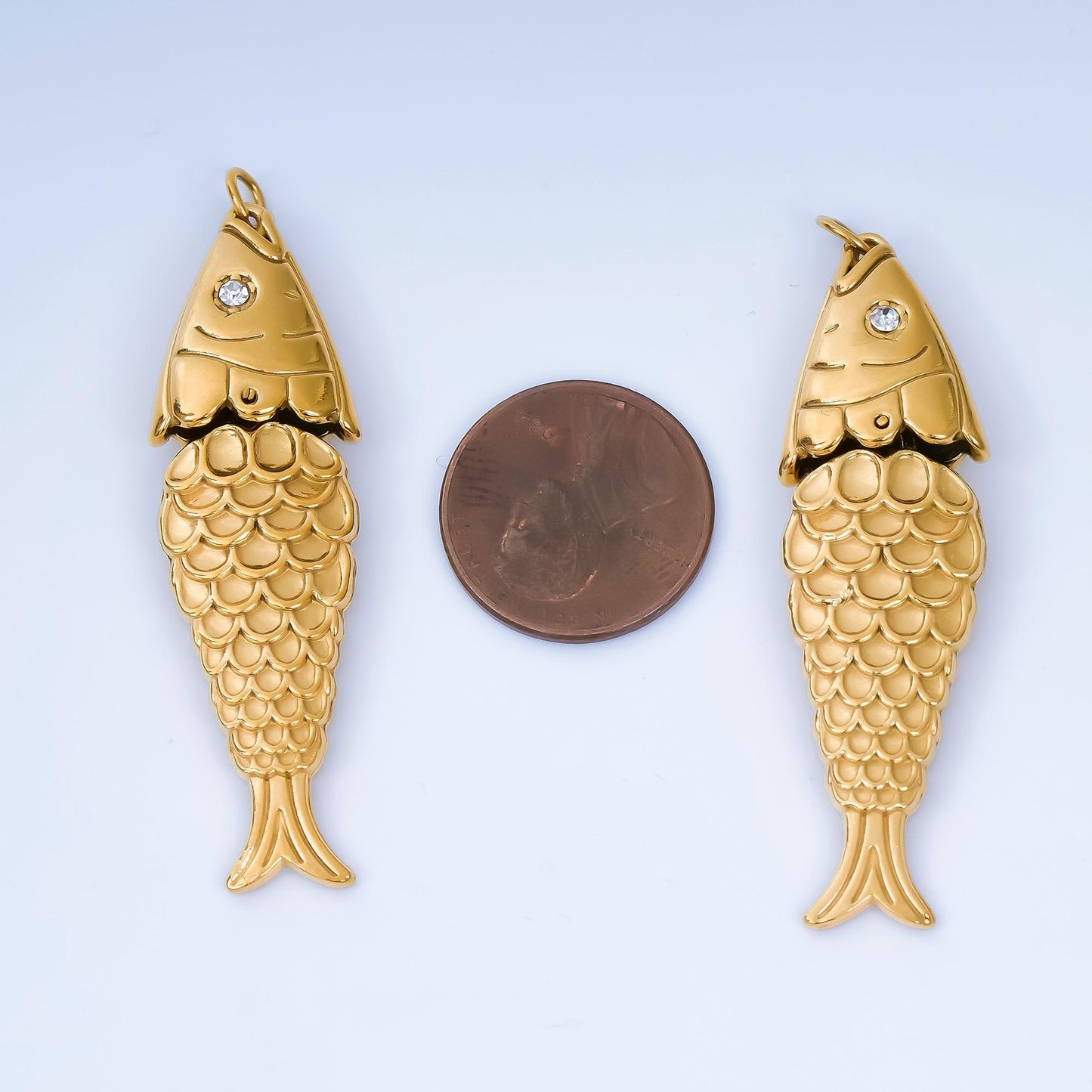 Long Stainless steel 50mm fish scale-textured minimalist charm in gold sardine fish pendant | J-198