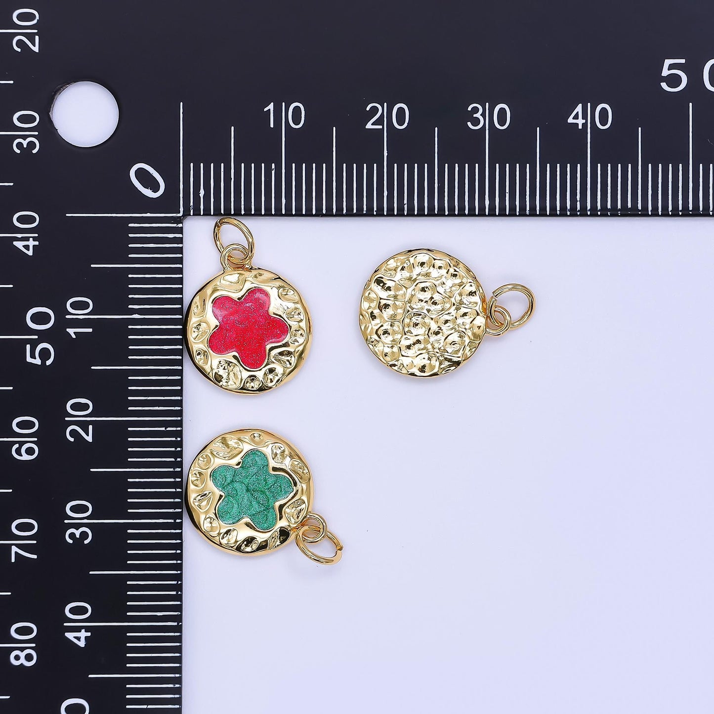 Gold Enamel Four Leaf Lucky Charm Flower Round Button Charm, 24K Gold Filled Coin Clover Florette Floral Pendant | af-533