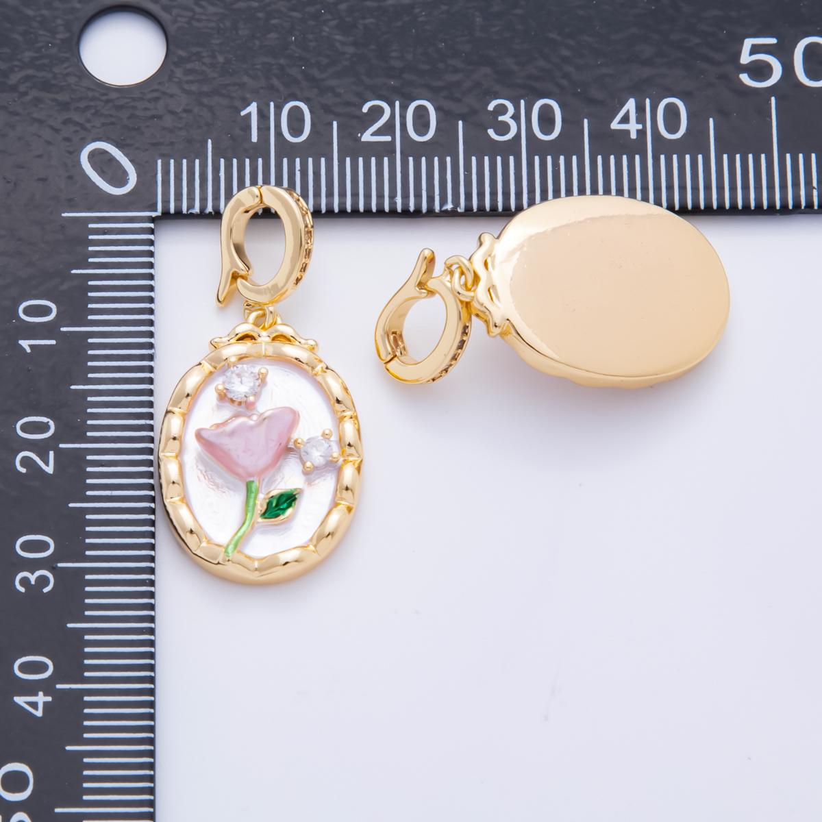 18K Gold Filled Pink Tulip Pendant Artsy Flower Enamel Charm with Clip Bail | AH-818