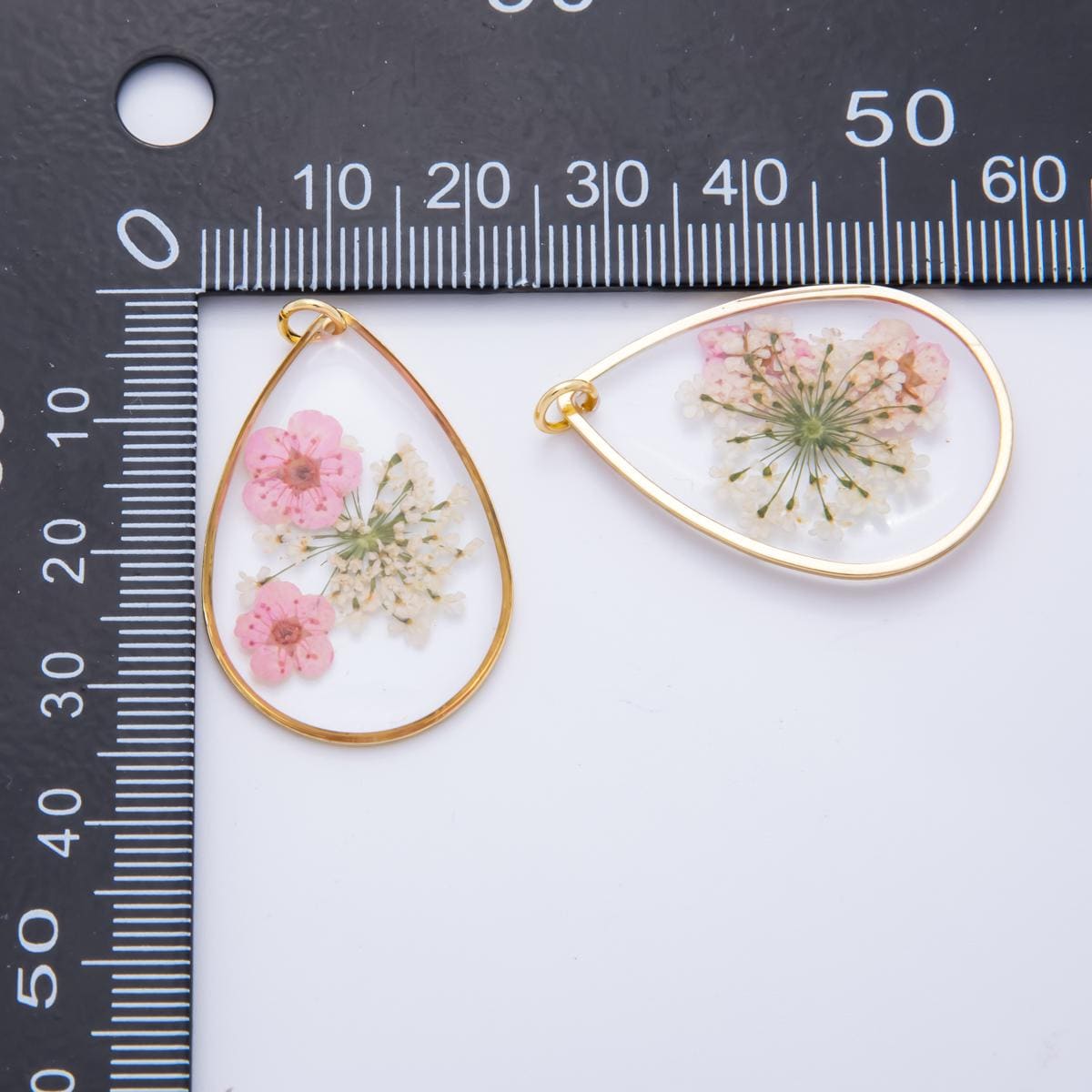 18K Gold Filled 35mm Resin Baby Pink Teardrop Sakura Flower Pendant | AH845