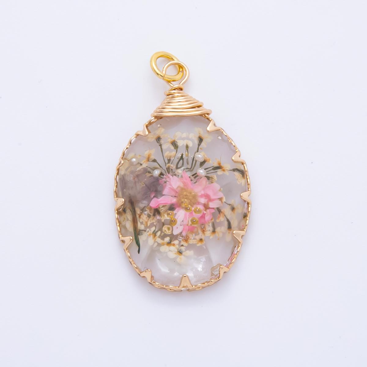 18K Gold Filled 34mm Resin Oval Dreamy Flower Charm | AH854 AH855