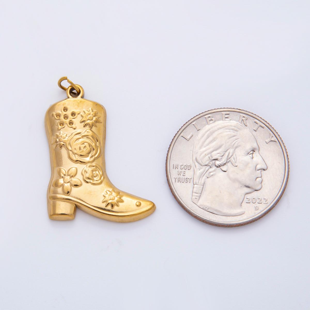 PVD Gold Stainless steel artisan engraved cowboy boots shoes charm in gold | C-052