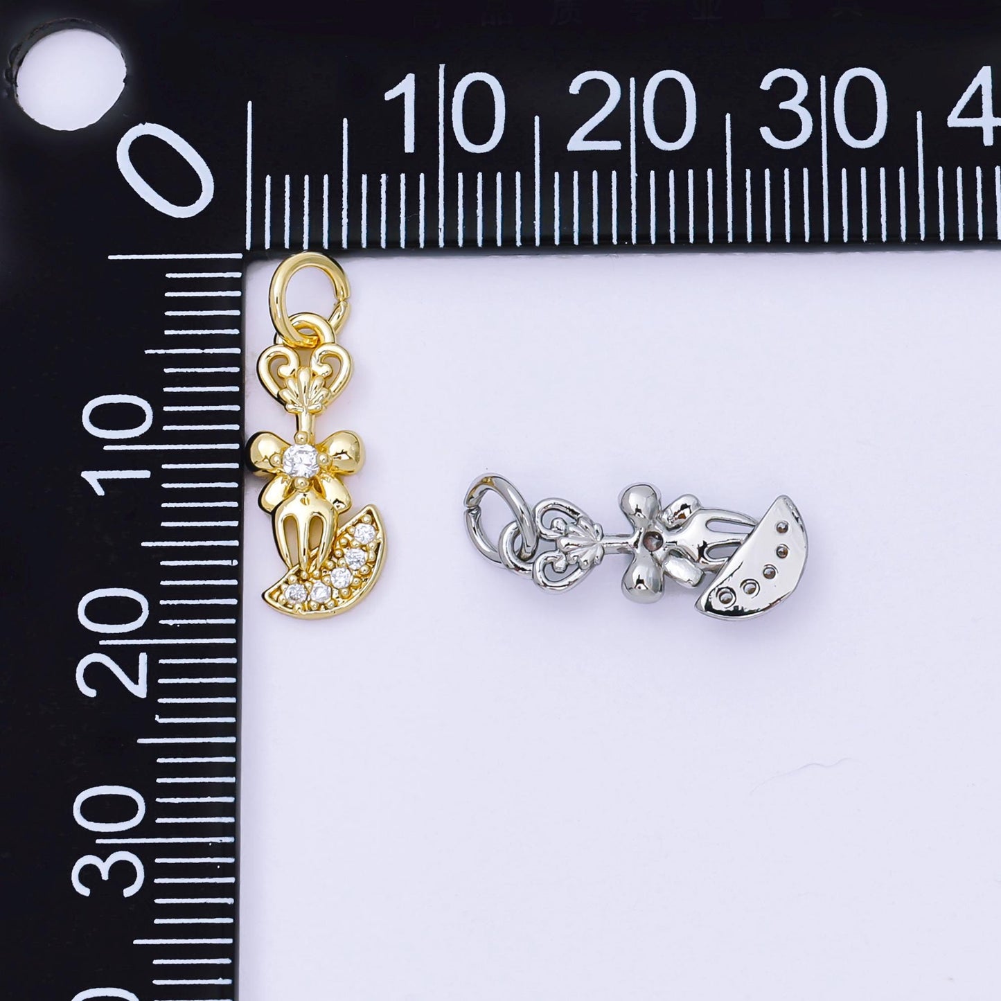 24K Gold Filled 16mm Micro Paved CZ Shiny Fork Bow Tie Charm in Gold & Silver | AH-590