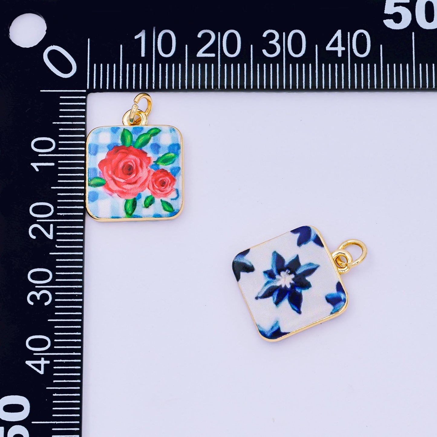 Mini Blue enamel Flower Mediterranean Ceramic Tiles Inspired Romantic Floral 24k gold filled charm | AJ-518