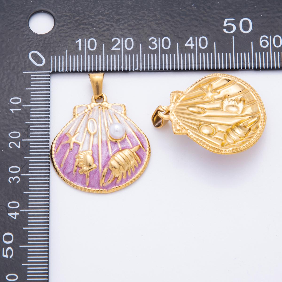 PVD Gold Stainless Steel Colorful Enamel Clam Shell Charm Beach Jewelry Making Supply | J-497
