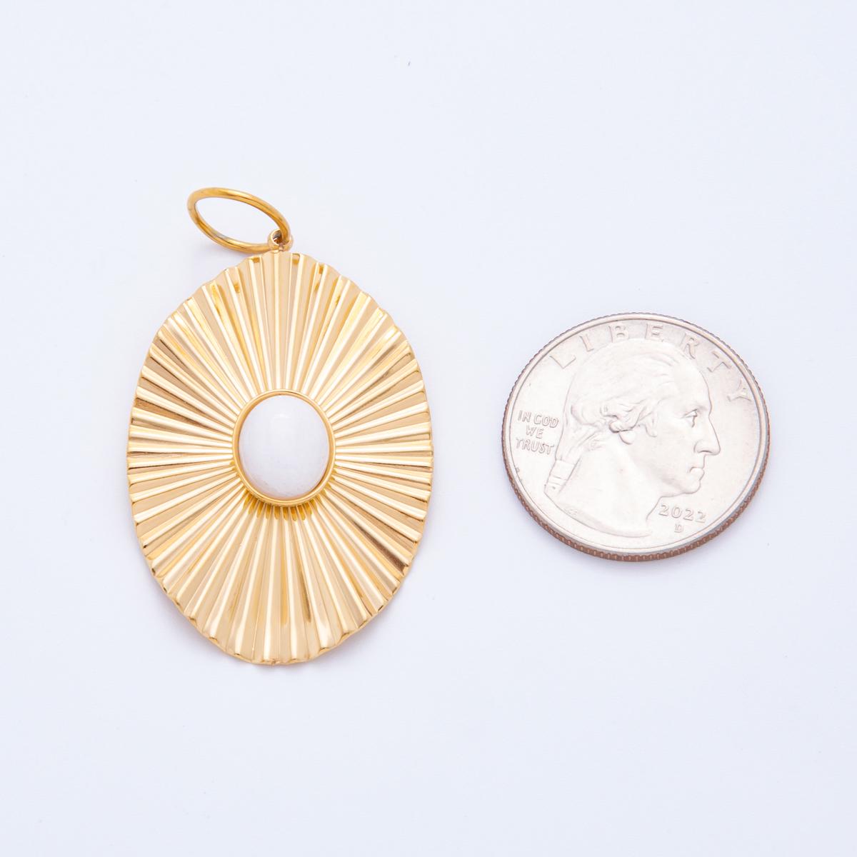 Gold Sunburst Oval Pendant with White Stone – Statement Jewelry Charm J-488