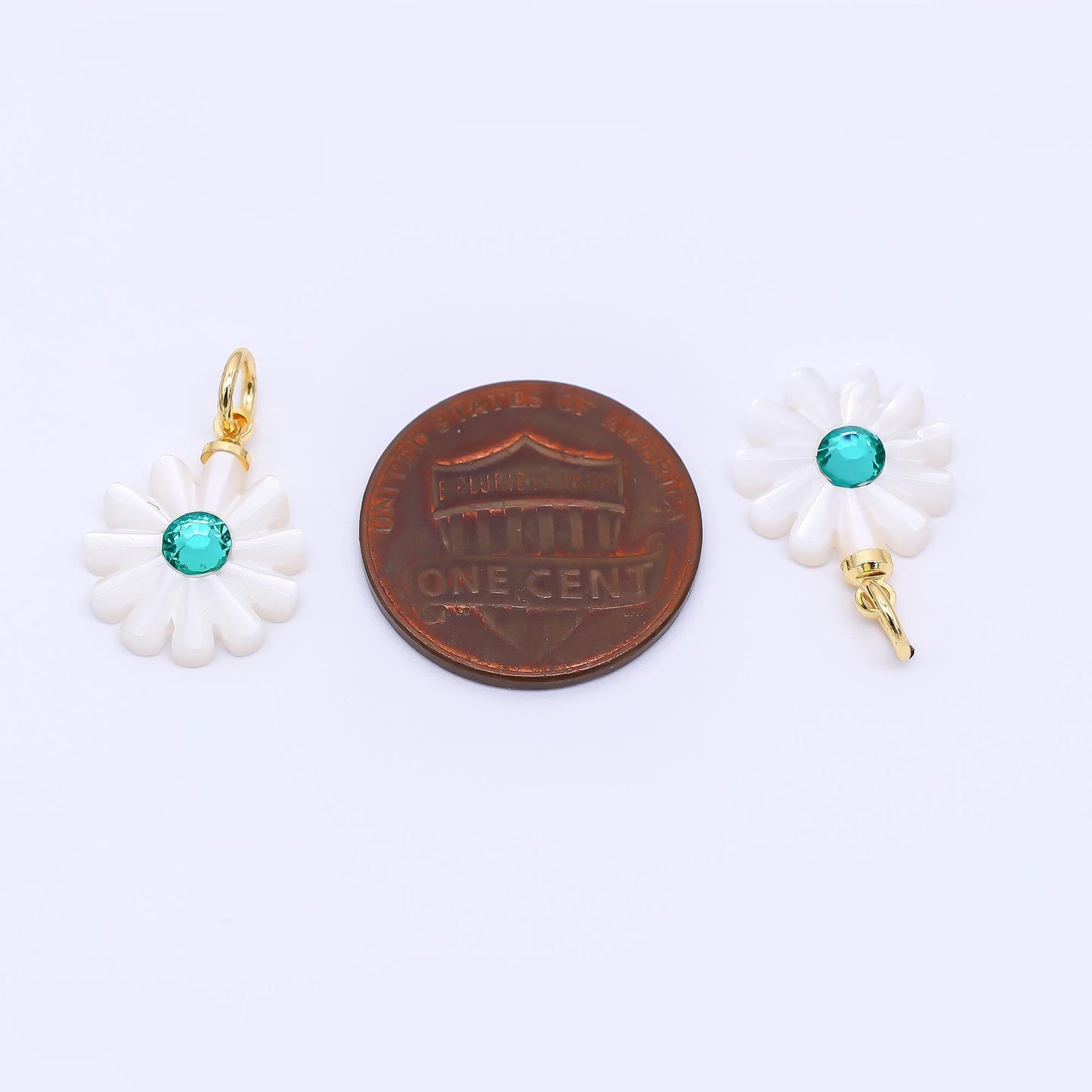 24K Gold Filled 15mm Turquoise Green CZ Sea Shell Pearl Pure White Blooming Flower Charm | P-1809