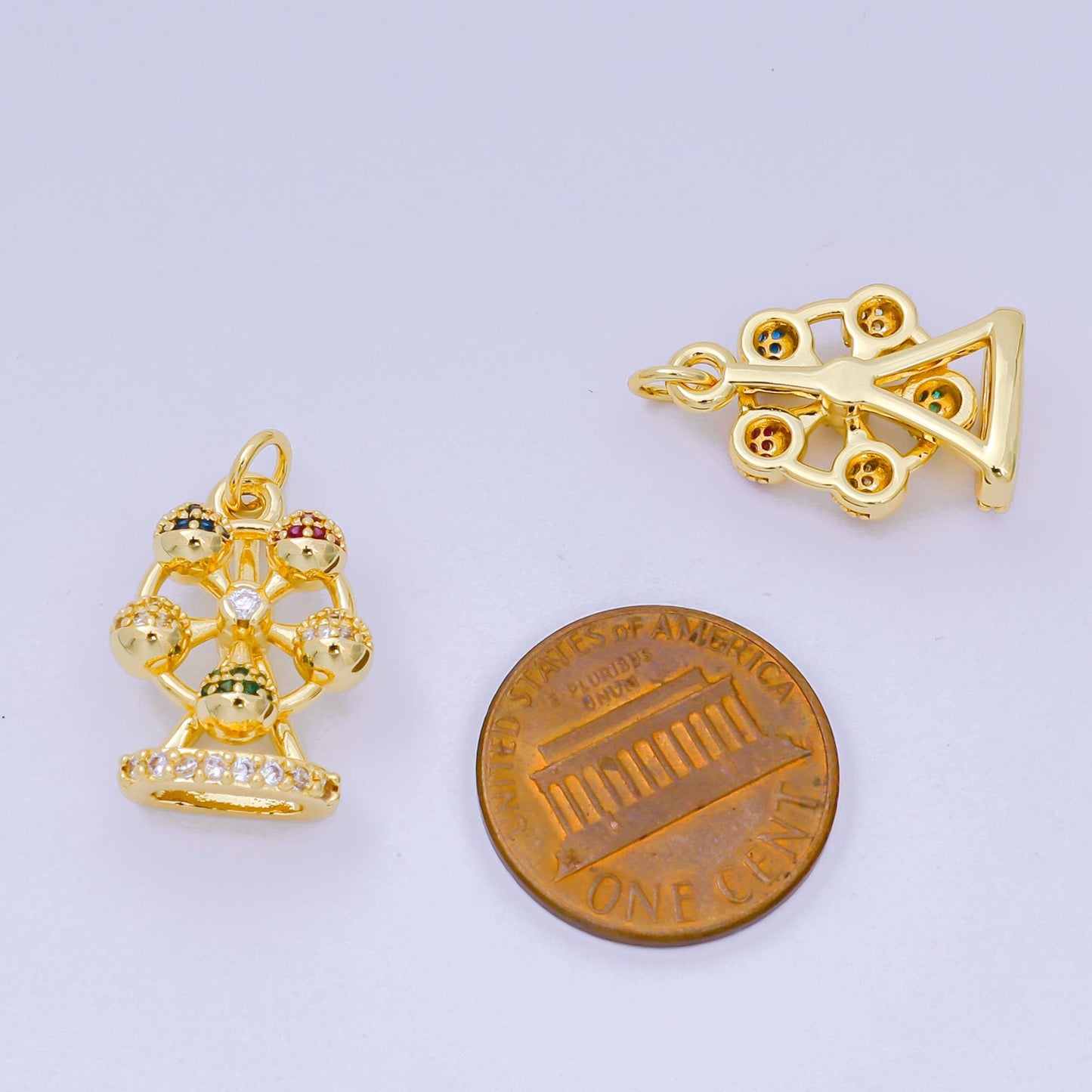 24K Gold Filled 19mm Emerald Green, Blue & Purple Micro Paved CZ Ferris Wheel Carnival Park Charm | D-253