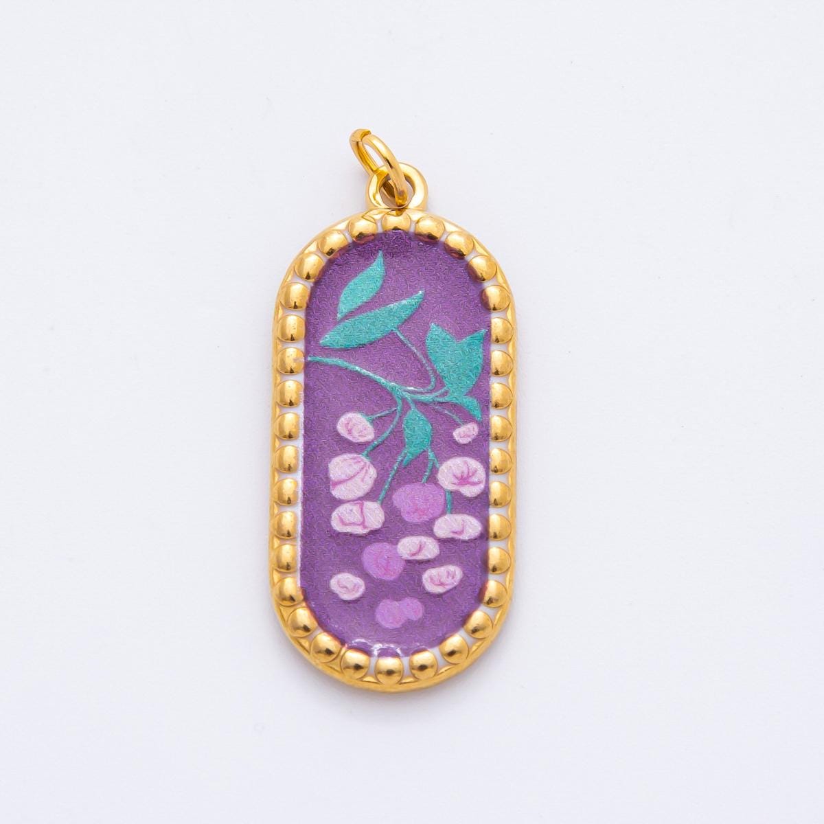 Embossed Design Enamel Painting Artsy Long Oval Pendant Charm PVD Gold Plated Frame Flower Jewelry Bohemian Inspired J-723