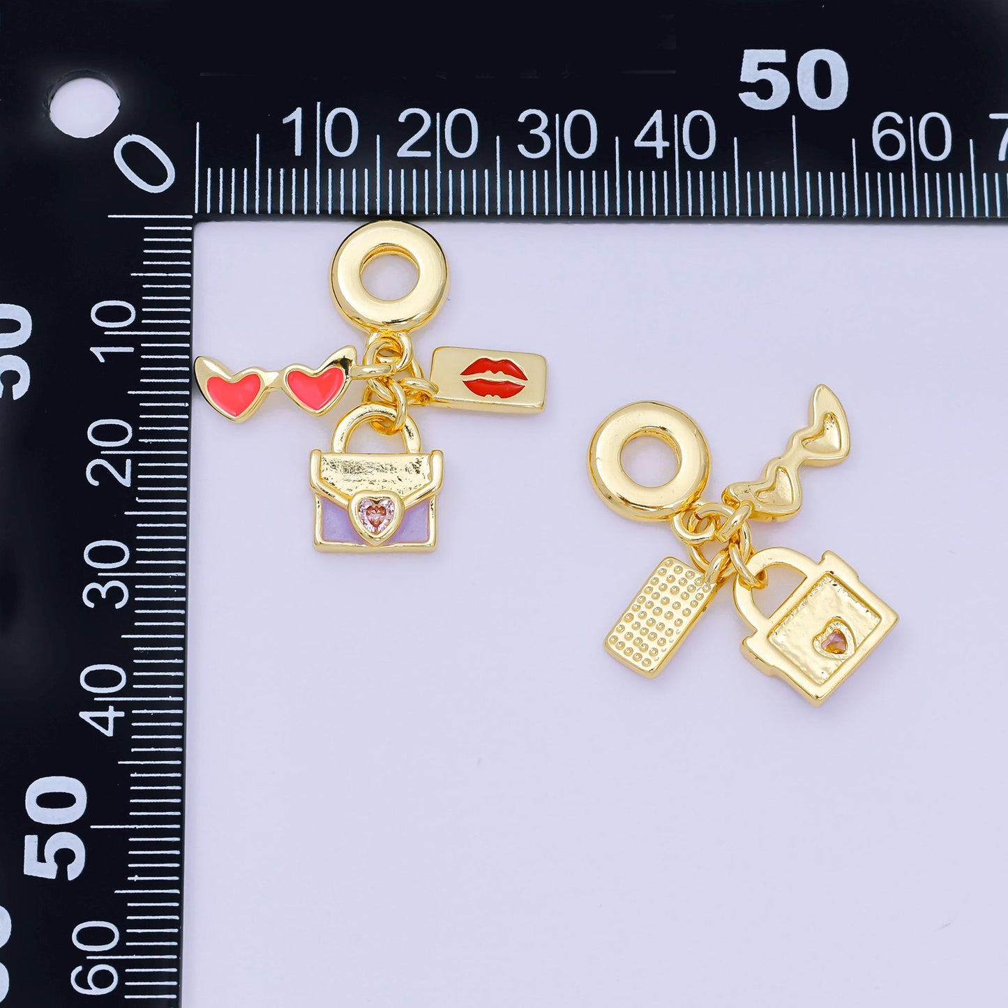 24K Gold Filled 16.5mm Heart-Shaped CZ Enamel Art Popular Girl Set Charm in Sunglasses, Lipstick, & Purse | AH-603