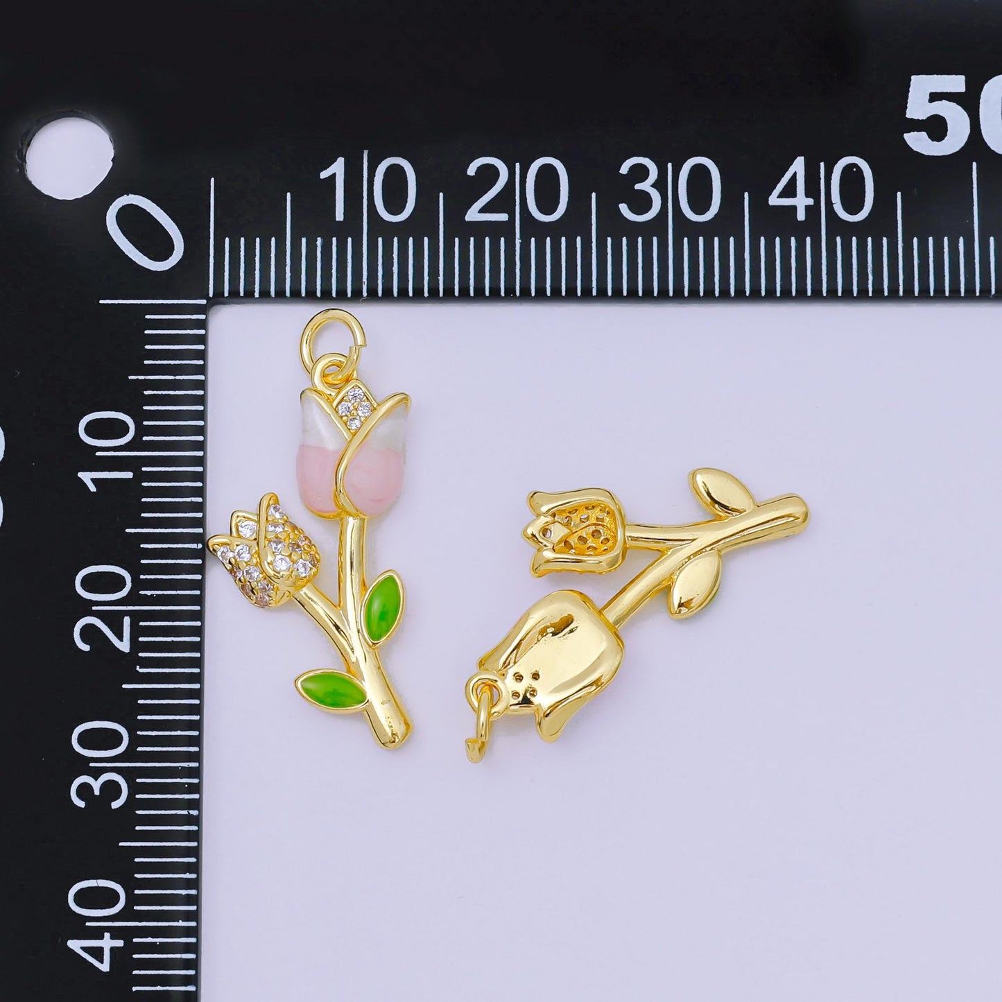 24K Gold Filled 26mm Micro Paved CZ Enamel Art Pink Tulip Flower Charm | AH-634