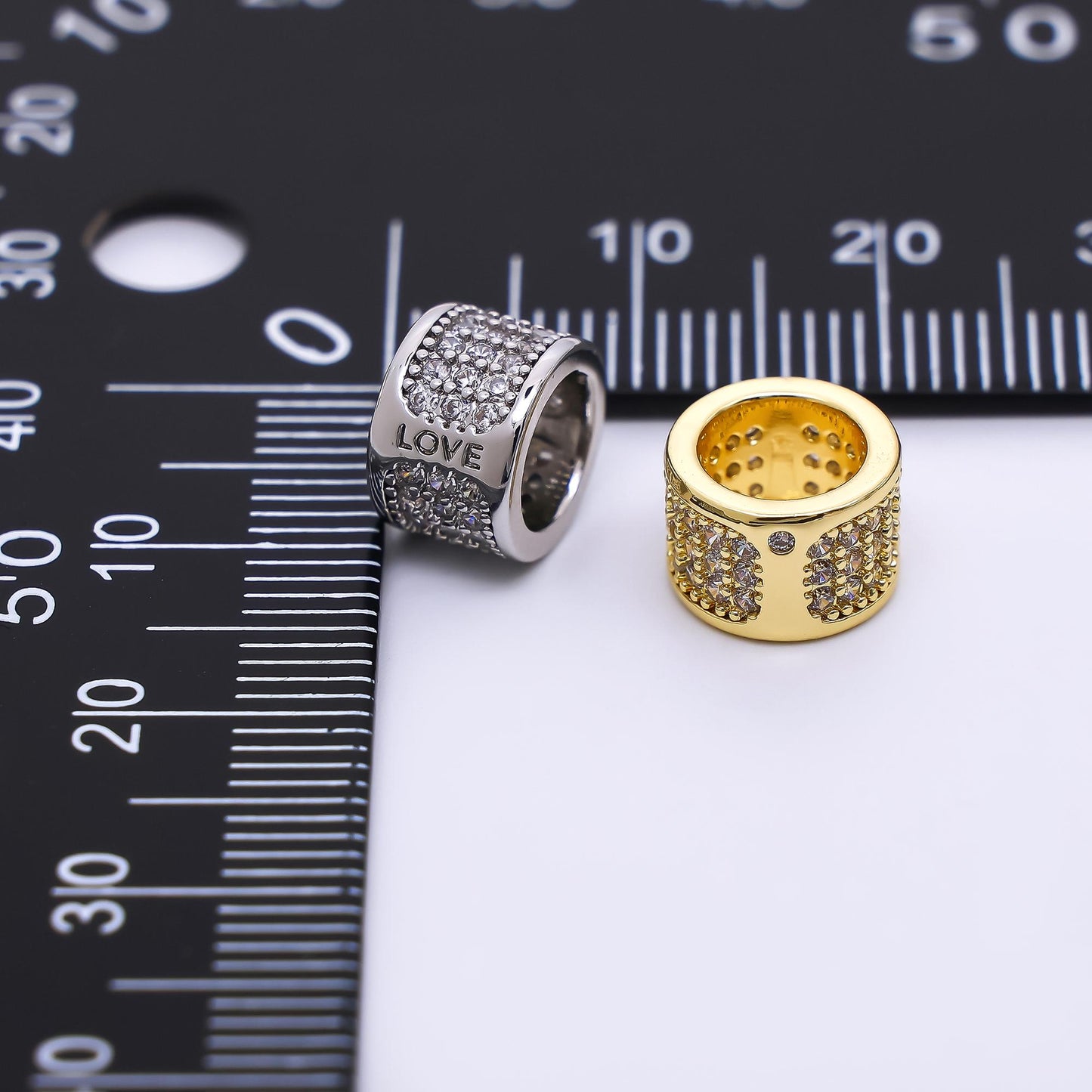 9x9mm CZ Large Hole Cylinder Drum Barrel Micro Pave Beads, Cubic Zirconia Big Hole Spacer Beads, Large Hole Spacer Love Script B-033