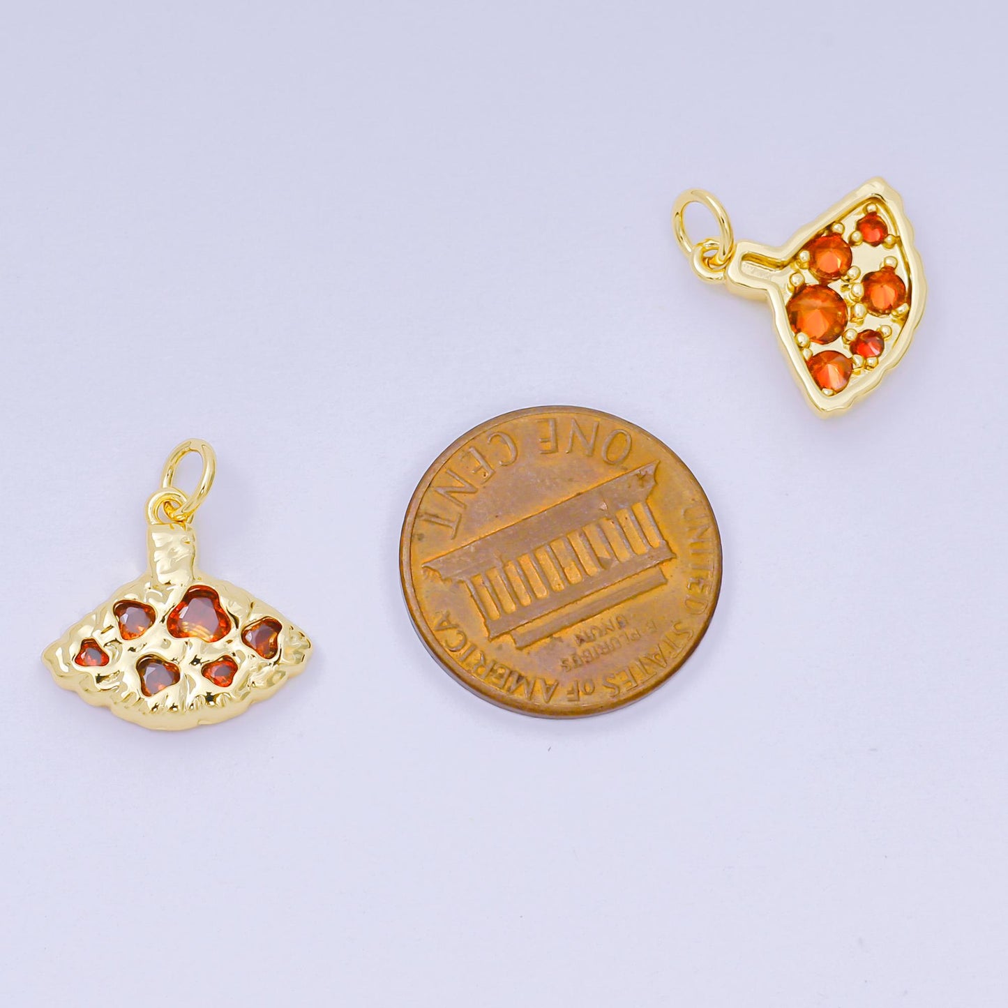 24K Gold Filled 14mm Red CZ Pizza Slice Scallop Hammered Geometric Charm | AH-679