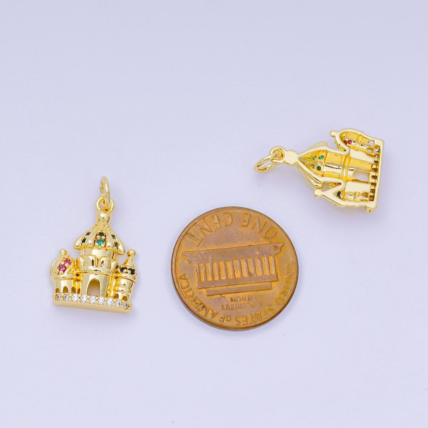 24K Gold Filled 17mm Pink, Green, & Blue Multicolor CZ Luxe Dreamy Castle House Charm | AH-680