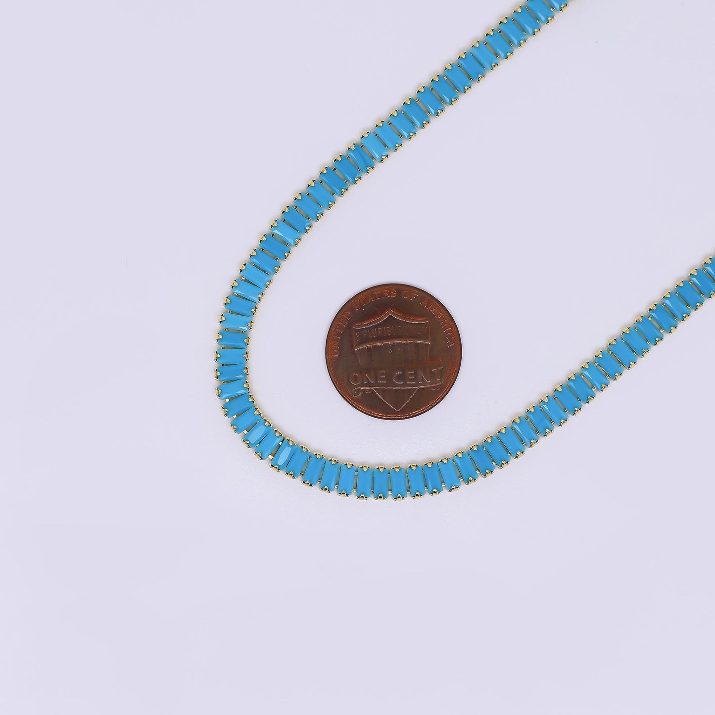 24K Gold Filled Turquoise Baguette CZ Box Clasp Tennis Necklace 17.71 Inch | WA-3801