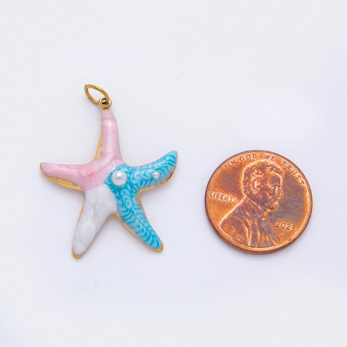 Colorful STARFISH Pendant with Pearls PVD Gold Stainless Steel Star Fish Ocean-Inspired Statement Jewelry, Enamel Necklace Charm AH-926