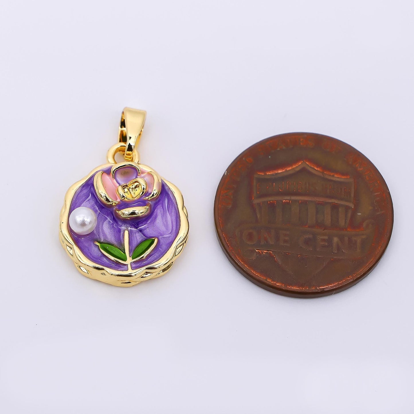 24K Gold Filled 16m White, Purple Shell Pearl Hand-Painted Enamel Rose Flower Coin Charm | AH511
