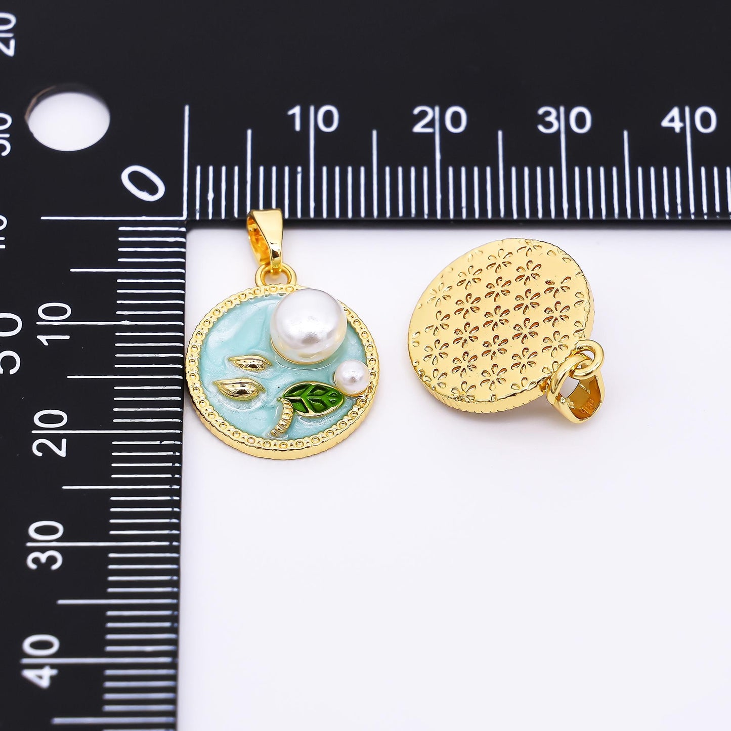 24K Gold Filled 17mm Enamel Art Shell Pearl Pearly Flowers Medallion Pendant in Green, Pink, & Purple | AH-508 AH-509