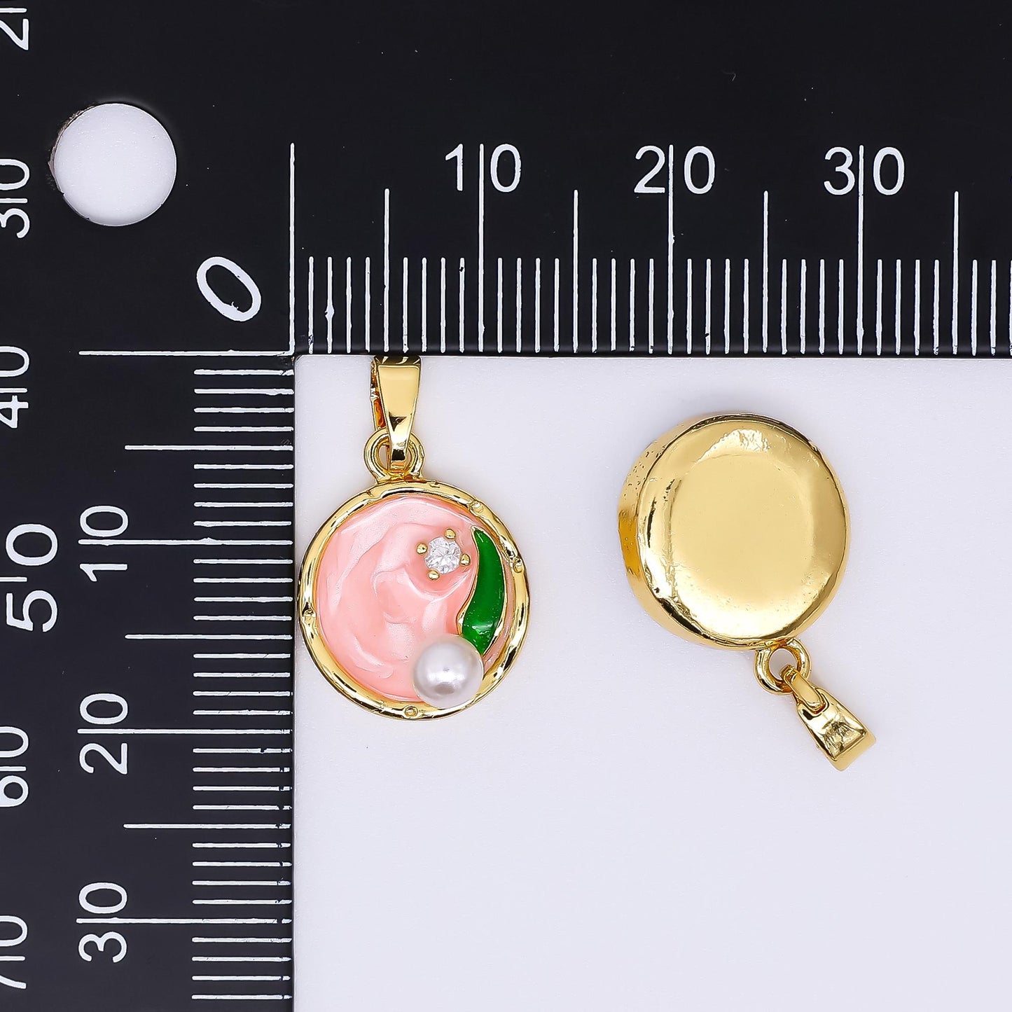24K Gold Filled 15.5mm Round CZ Enamel Art Shell Pearl Fish Pond Medallion Pendant in Green, Pink, & Purple | AH-504 AH-505