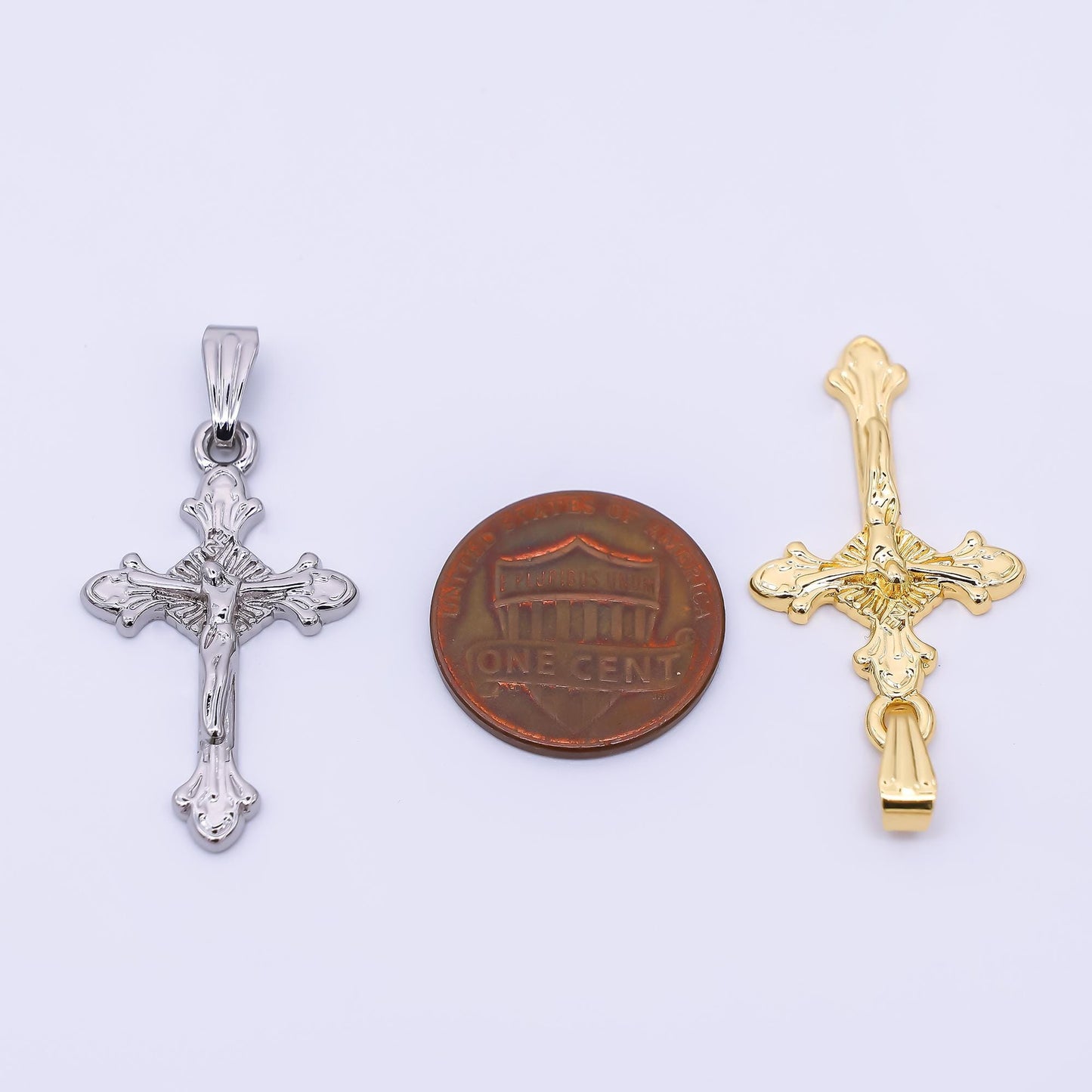 24K Gold Filled Religious Jesus Crucifix Fleur Cross Pendant in Gold & Silver | AA1609