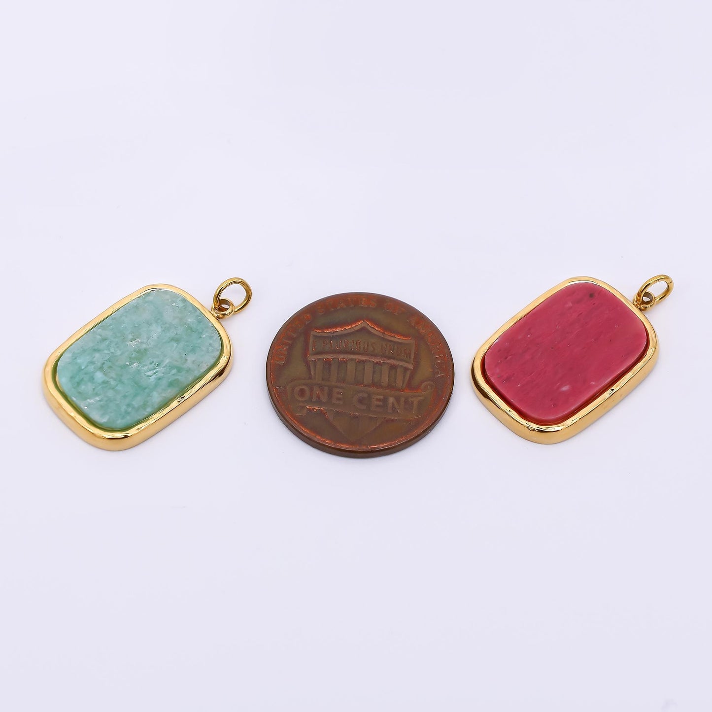 Stainless Steel 21mm Rectangle Natural Gemstone Amazonite & Red Jasper Foil Pendant Charm | J-354
