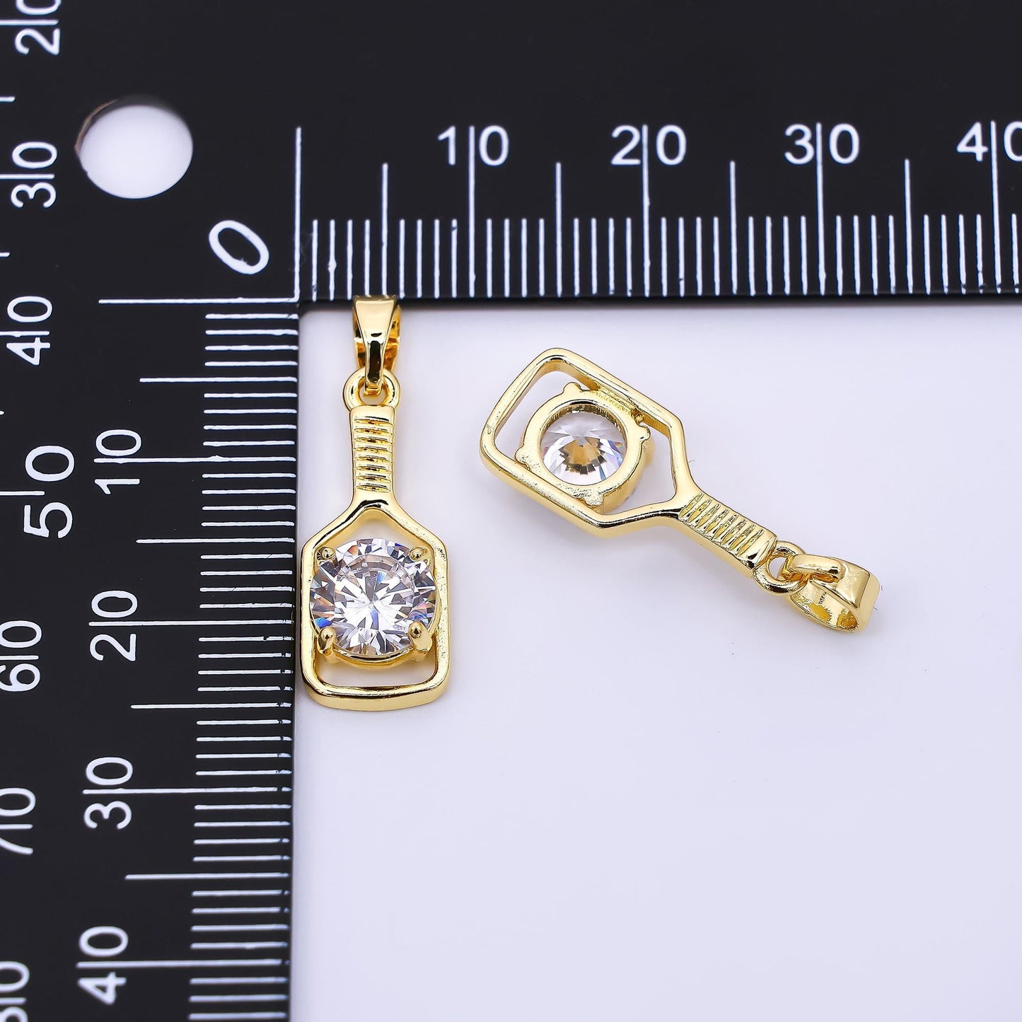 24K Gold Filled 20mm Round CZ Sparkle Paddle Pickle Ball Racket Sport Charm | AH-472