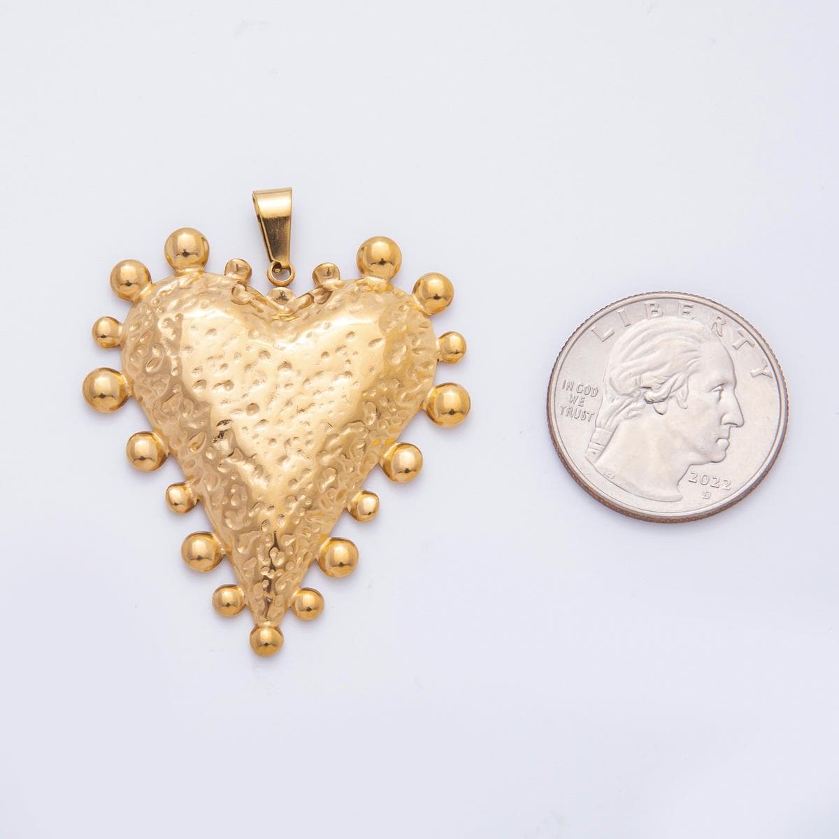 Chunky Gold Stainless Steel Hammered Gold Heart Pendant with Beaded Edge for scarf Necklace Charm P-794