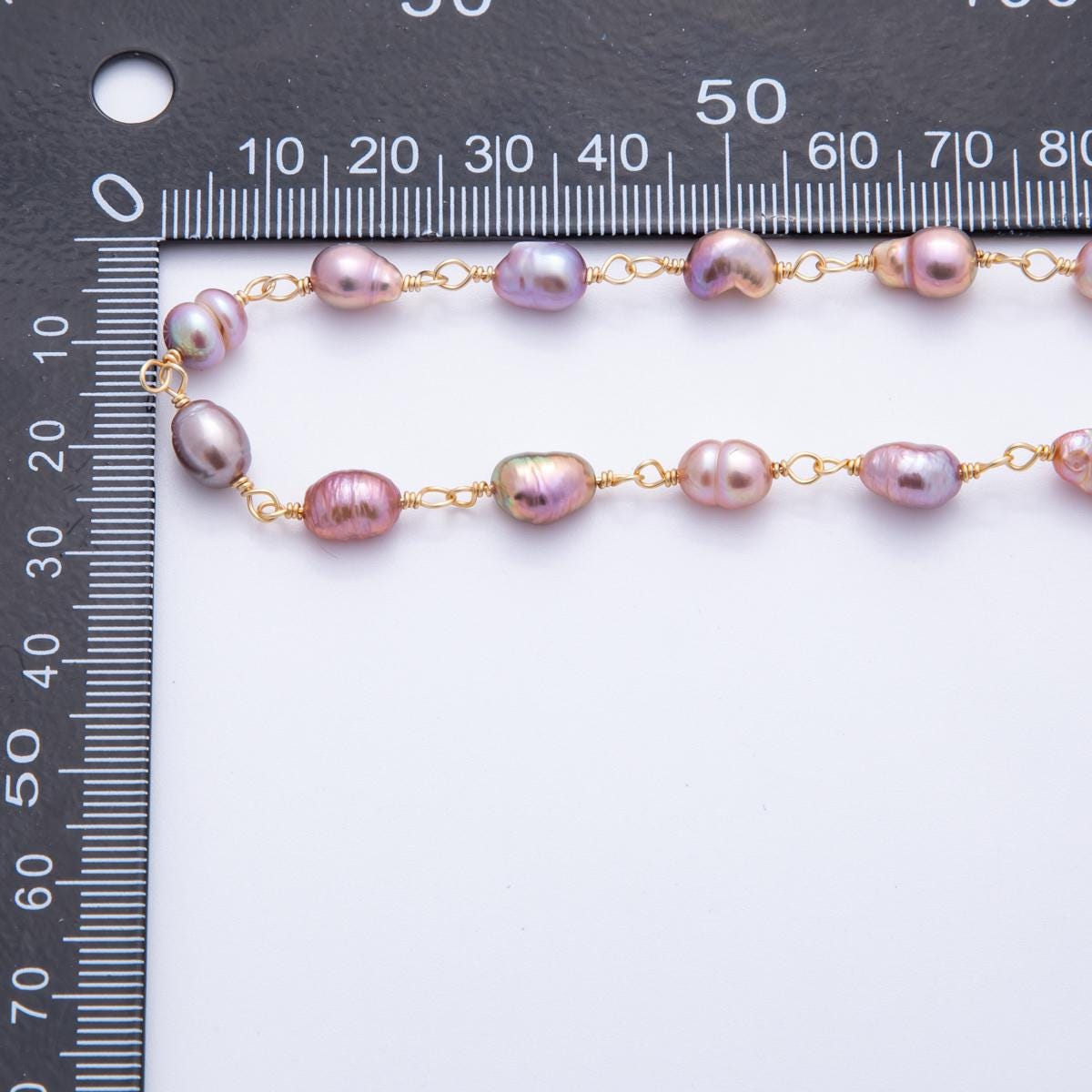 White Pink Purple Color Pearl Rosary Chain 6mm Oval Potato Pearl Beads 18k Gold Filled Rosary Chain, Wire Wrapped Rosary Chain ROLL-1706