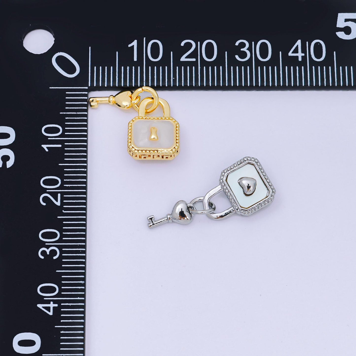 24K Gold Filled 16mm Mother of Pearl Unlock the Padlock, Heart of Key Charm in Gold & Silver | AH-592