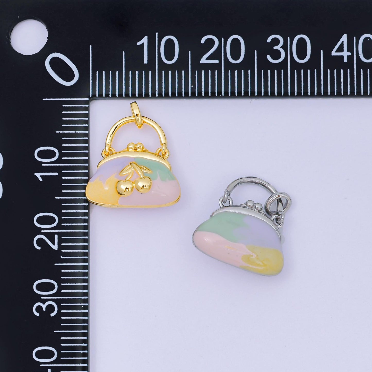 24K Gold Filled 10mm Enamel Art Cherry Fruit Mini Handbag Purse Pendant in Gold & Silver | AA-1573