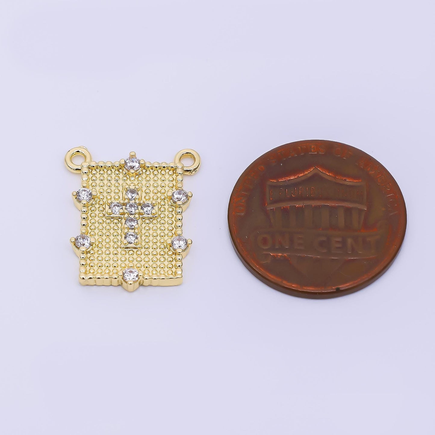 24K Gold Filled 17.5mm Micro Paved CZ Cross Dotted Rectangle Connector | Y-061