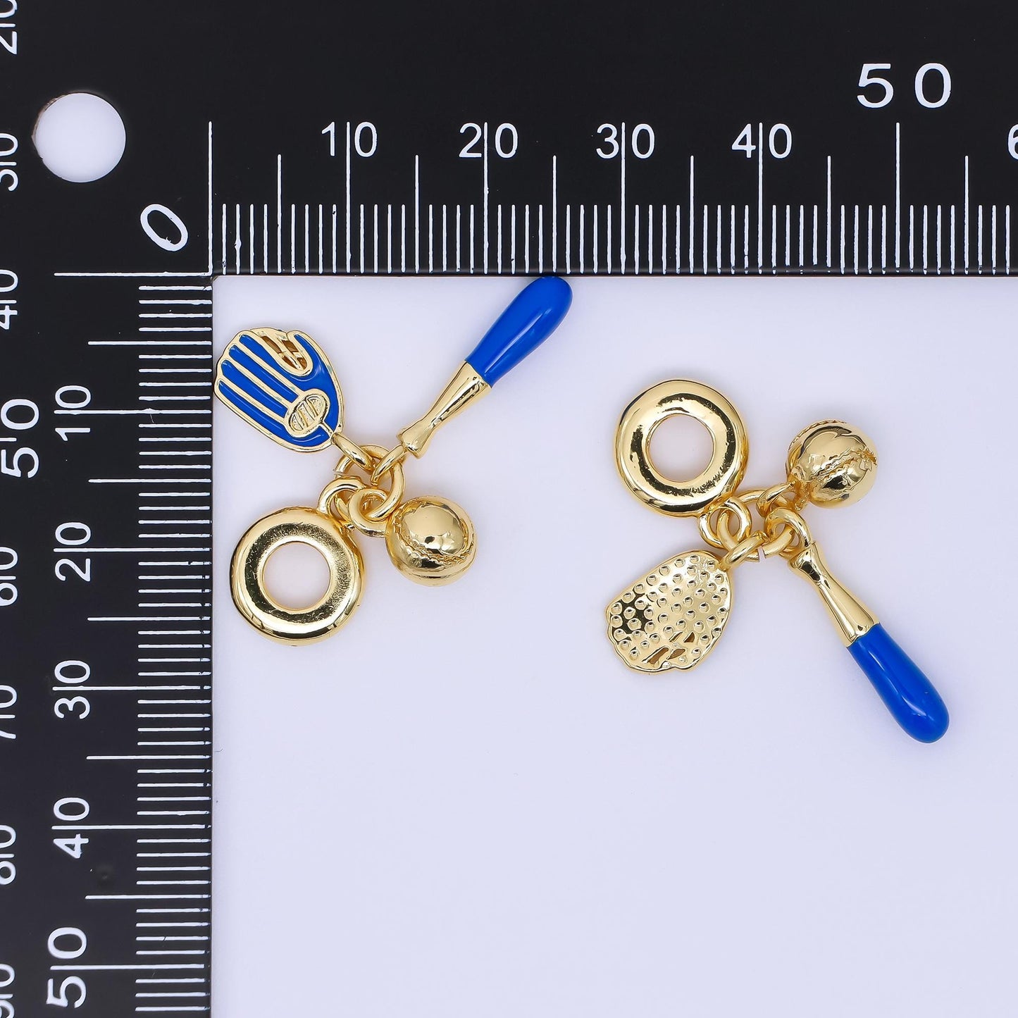 24K Gold Filled 20.5mm Blue Sticks, Gloves, & Ball Baseball Sports Set Rondelle Drop Charm | AC1614