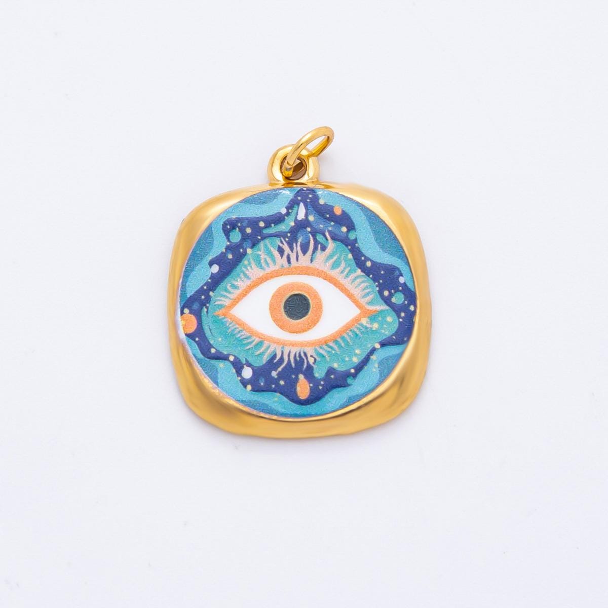 Embossed Design Enamel Painting Evil Eye Square Pendant Charm PVD Gold Plated Frame Amulet Jewelry Bohemian Inspired J-664