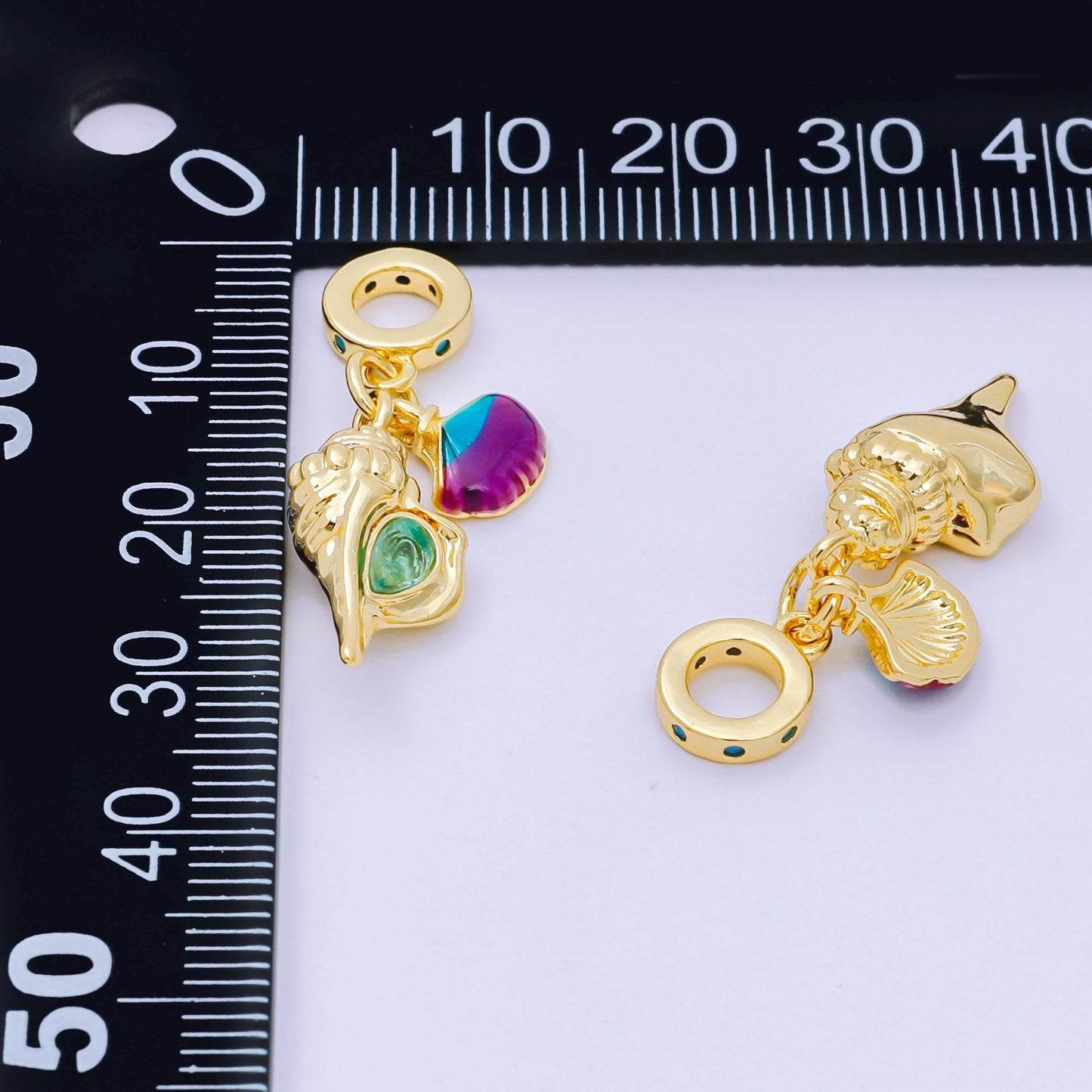 24K Gold Filled 20mm Enamel Art Mermaid's Delight Set Charm in Clam Shell & Conch Shell | AH-597