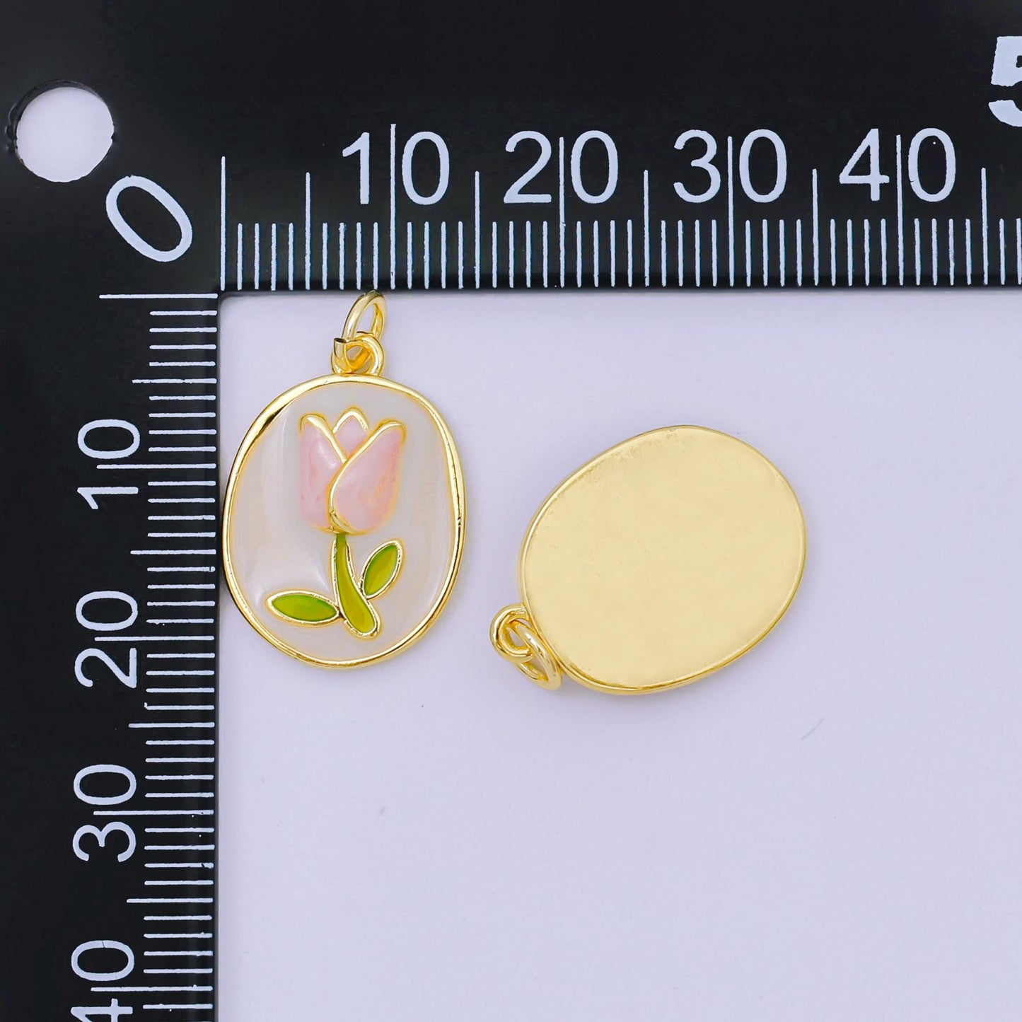 24K Gold Filled 20mm Enamel Art Blooming Tulip Emblem Charm in Pink & Orange | AH-631