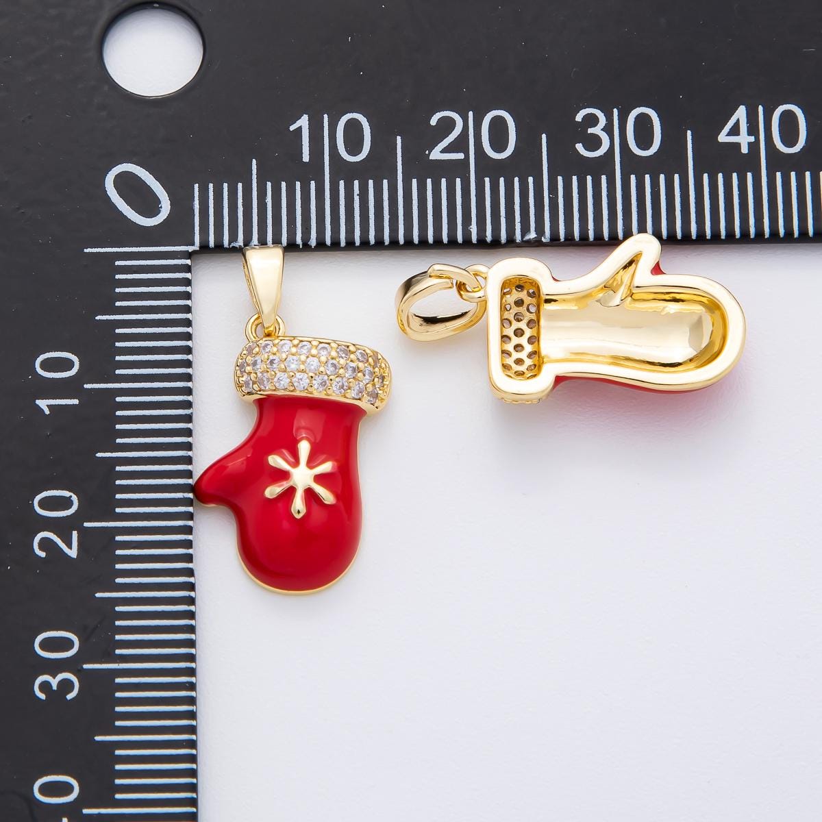 Dainty Mitten Charms Gold Enamel Red White Winter Christmas Jewelry 18k gold filled holiday season greetings pendant | AF-1136