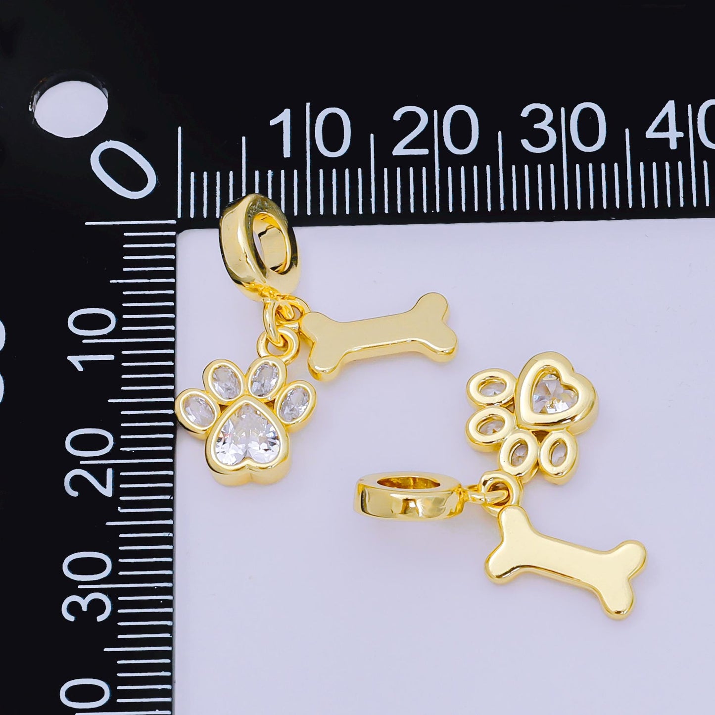 24K Gold Filled 12.5mm Oval, Heart CZ Dog Pet Set Charm in Paw & Bone | AH-648