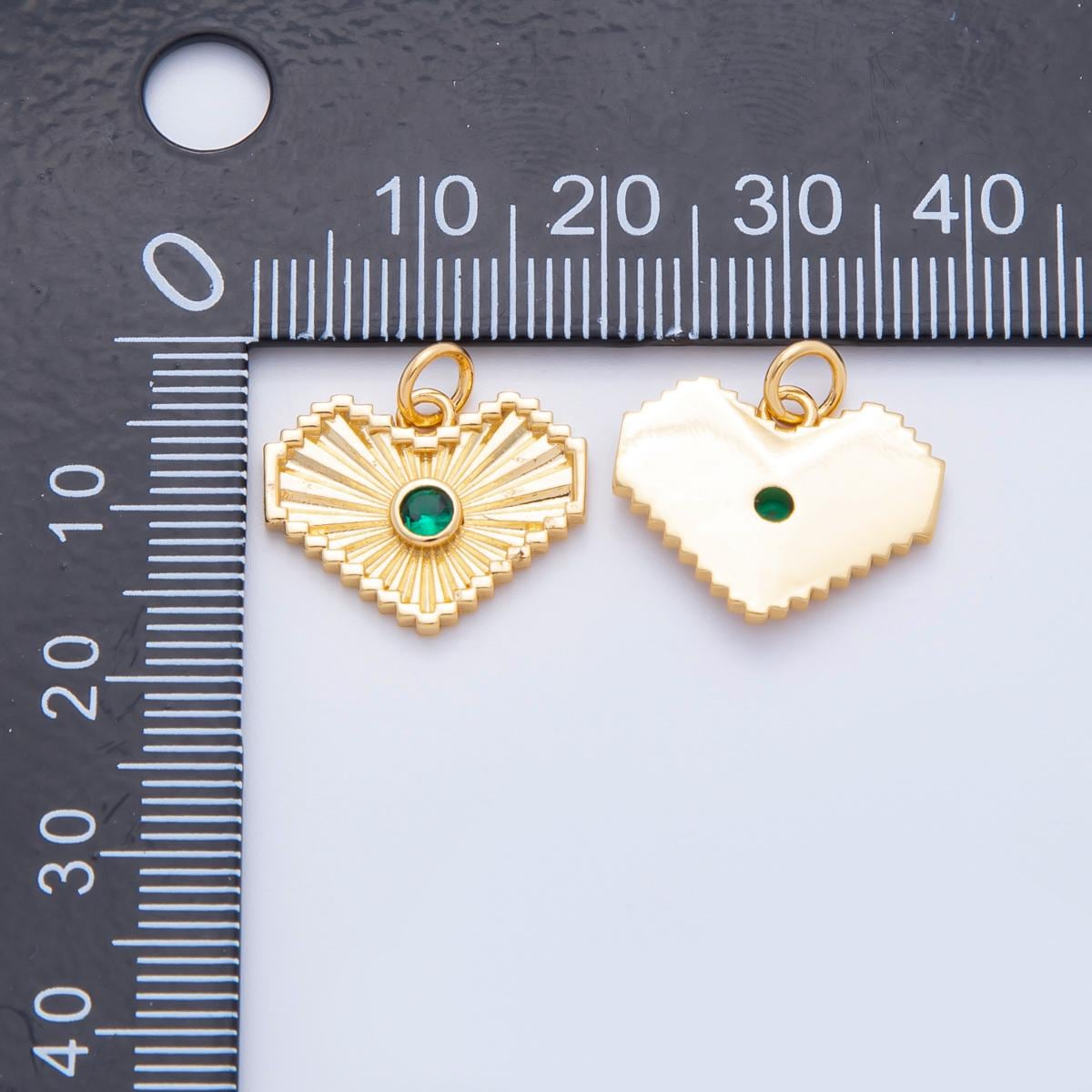 Gold Heart Pendant with Green CZ Mini Sunburst Charm, Art Deco Style Jewelry Making Supply for DIY Necklaces and Bracelets n-607