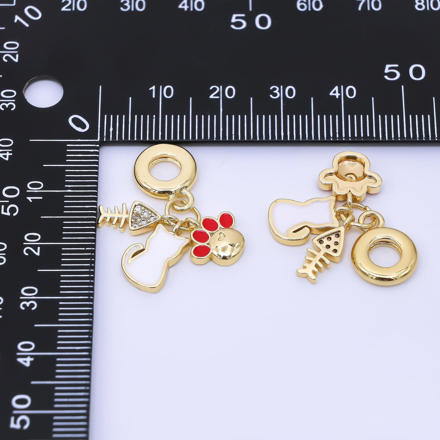 24K Gold Filled Pet Cat Kitten Paw Fish Bone Micro Paved Enamel Rondelle Drop Pendant | AF1308