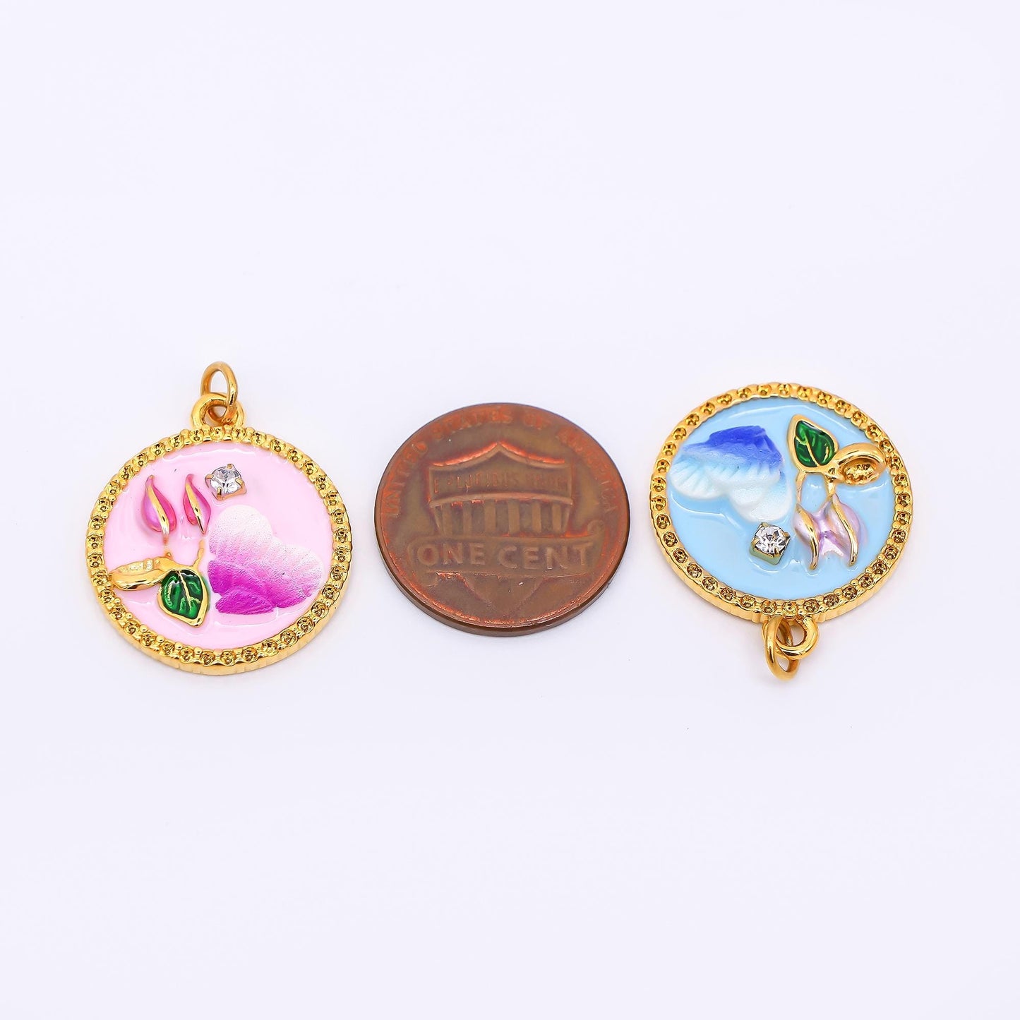 Gold Stainless Steel 23mm Round CZ Hand-Painted Enamel Flower and Heart Charm in Pink & Blue | J012