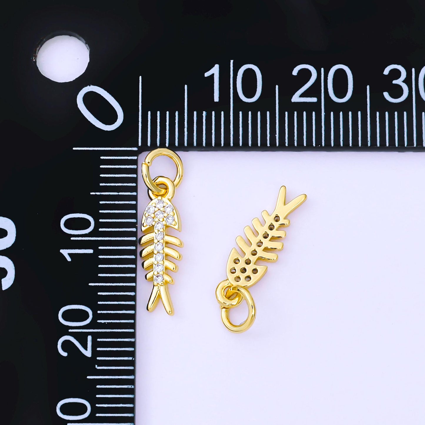 24K Gold Filled 15.3mm Round CZ Fishbone Minimalist Charm | aj-494