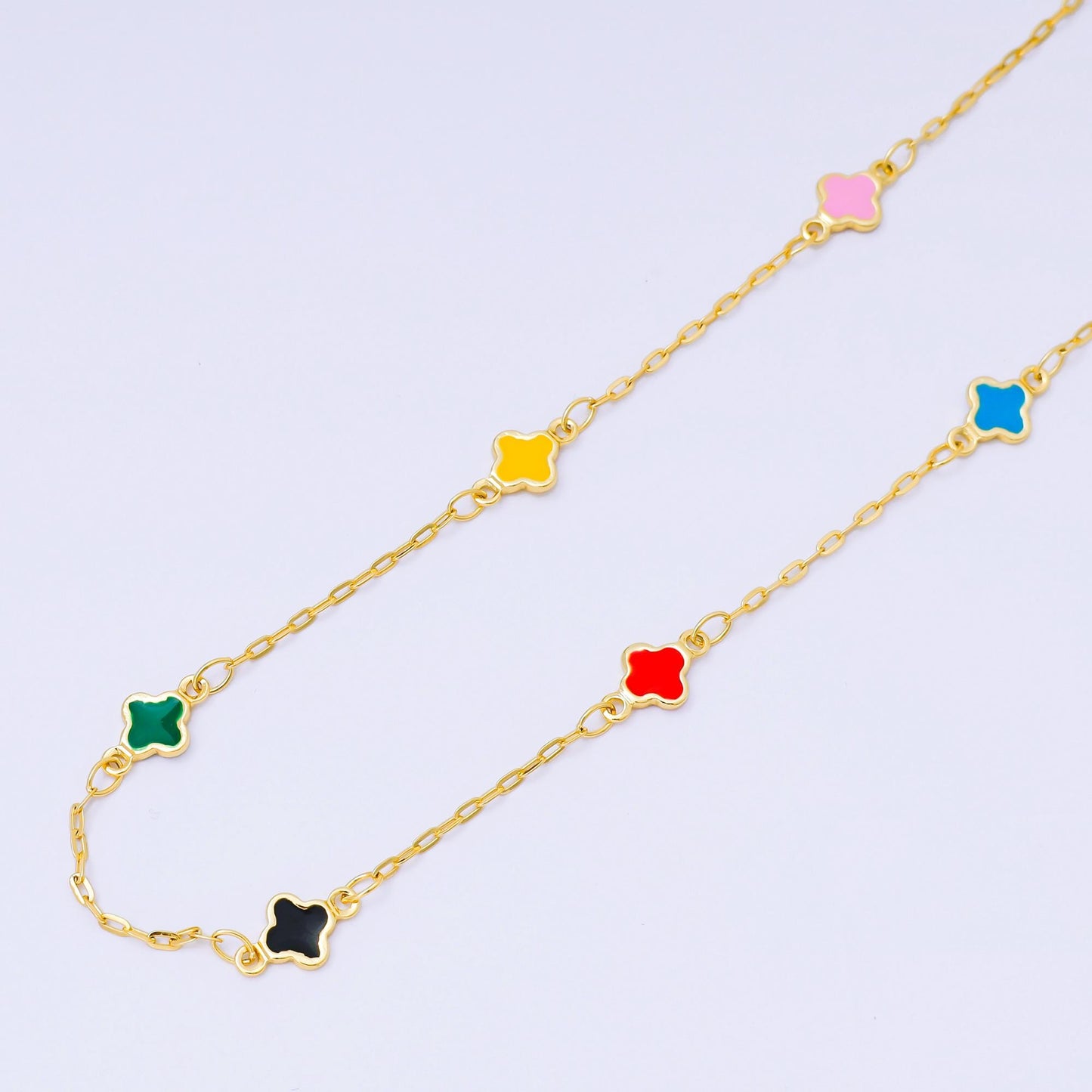 18K Gold fill Dainty Lucky Quatrefoil Chain by Yard, Wholesale Black, Pink, Rainbow Enamel Clover Satellite Chain Jewelry Making ROLL-1675