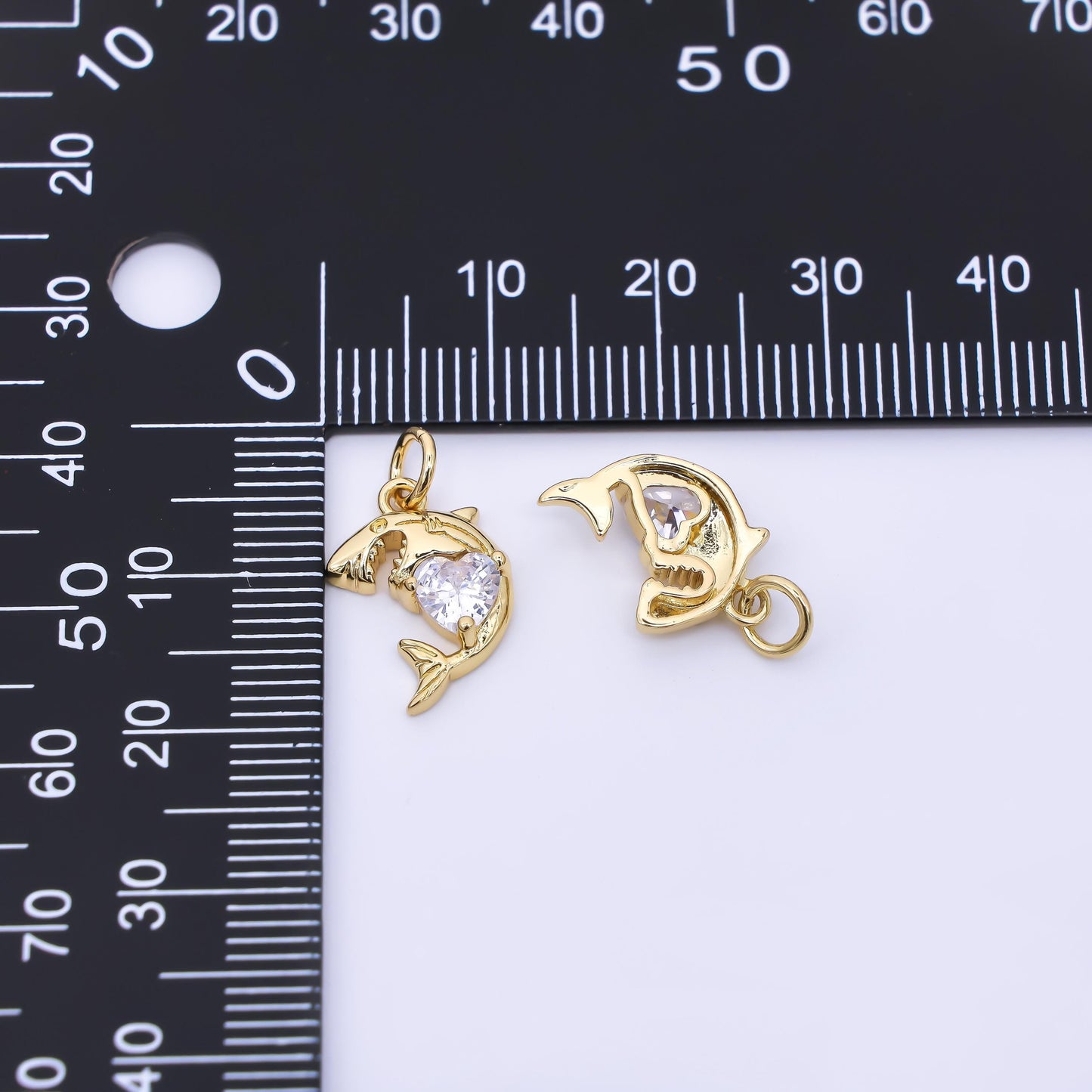 24K Gold Filled 15mm Heart-Shaped CZ Sea Creature Wild Shark Animal Charm | AJ395