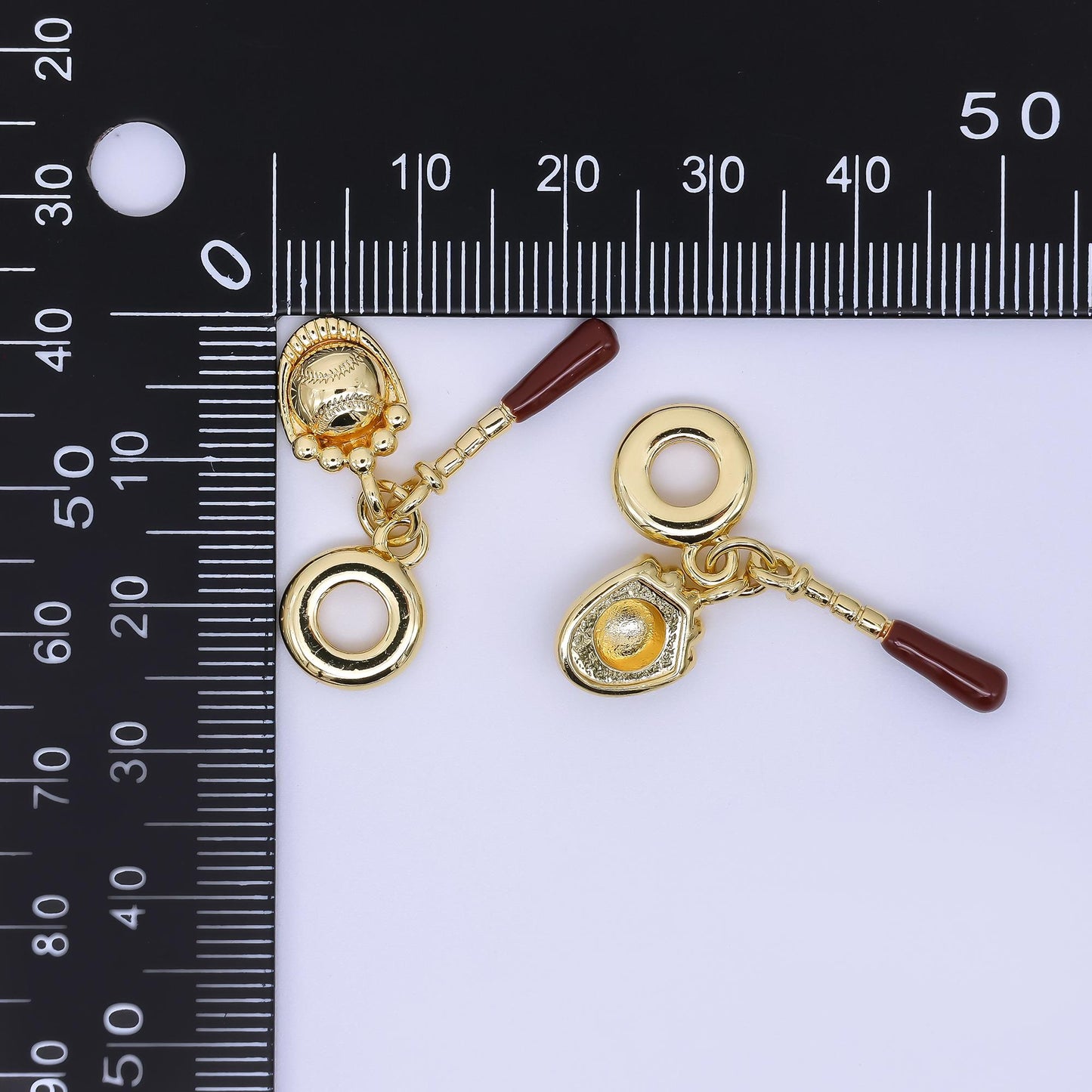 24K Gold Filled 20mm Baseball & Sticks Sports Set Rondelle Drop Charm | AC1643